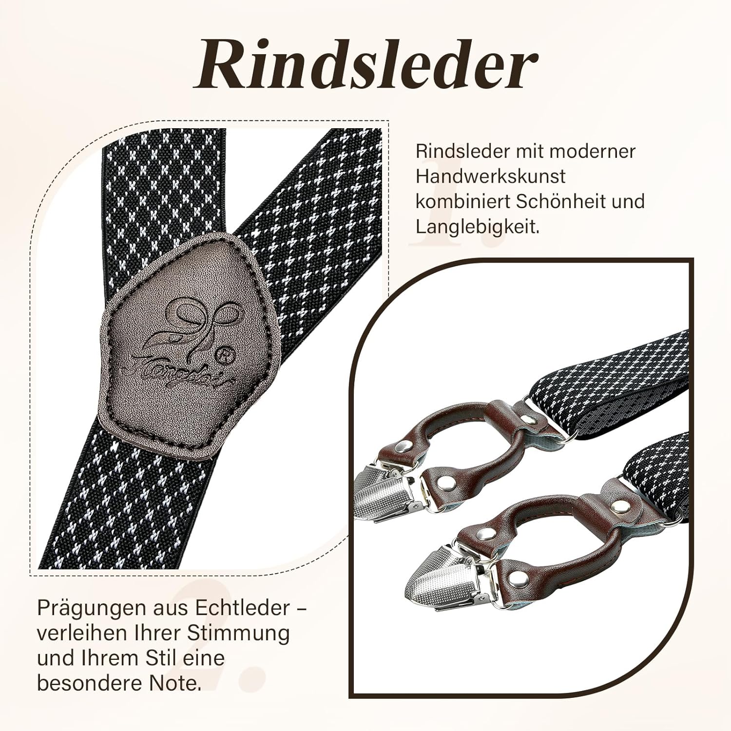 Detalle 2 de KANGDAI Rindsleder Hosenträger für Herren, 3,5 cm breit mit 6 Metallclips – verstellbar, Geschenkbox