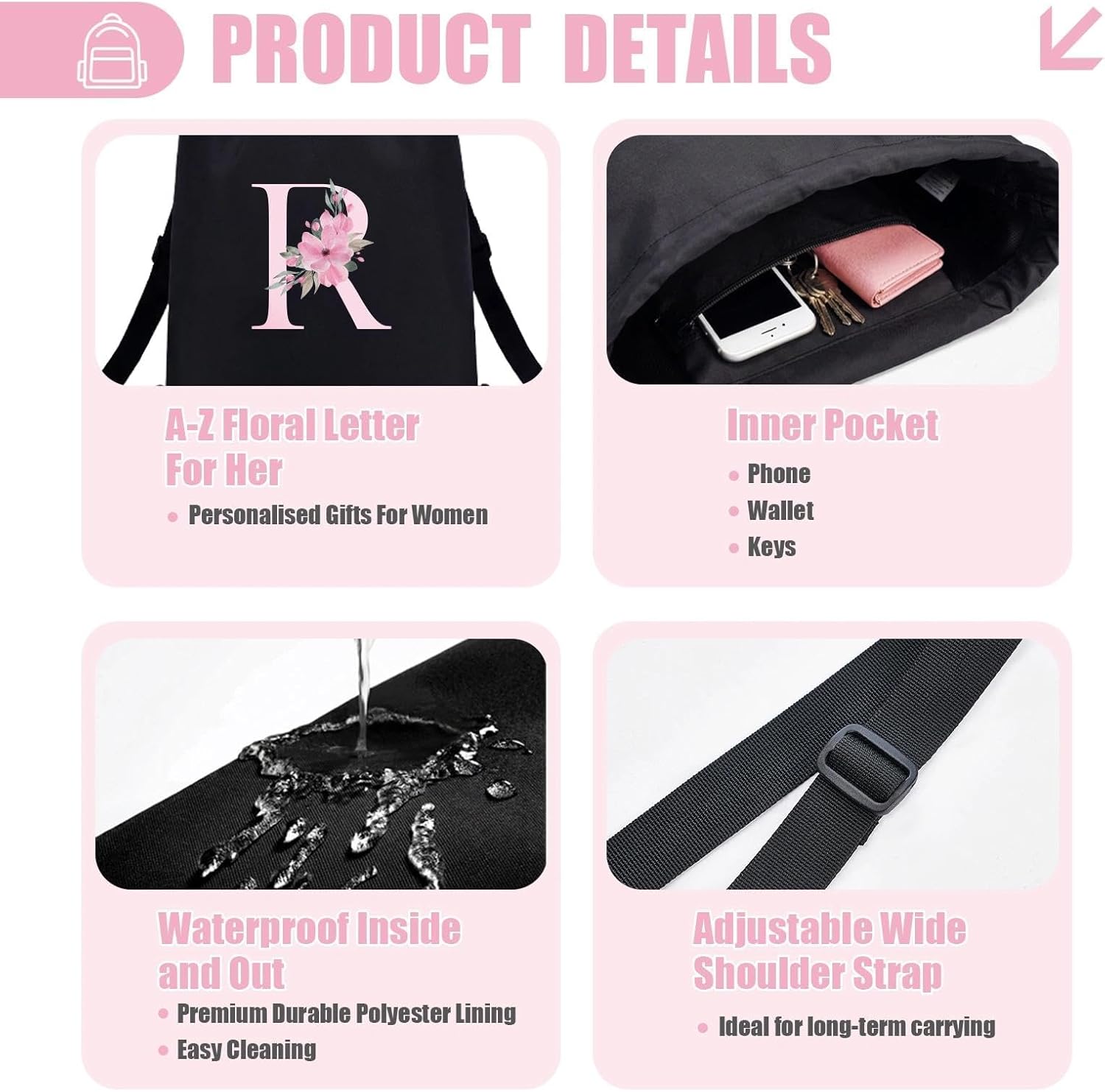 Detalle 2 de A-Z BAG Zaino Personalizzabile con Iniziale Fiore – 4 in 1, Impermeabile, Nero