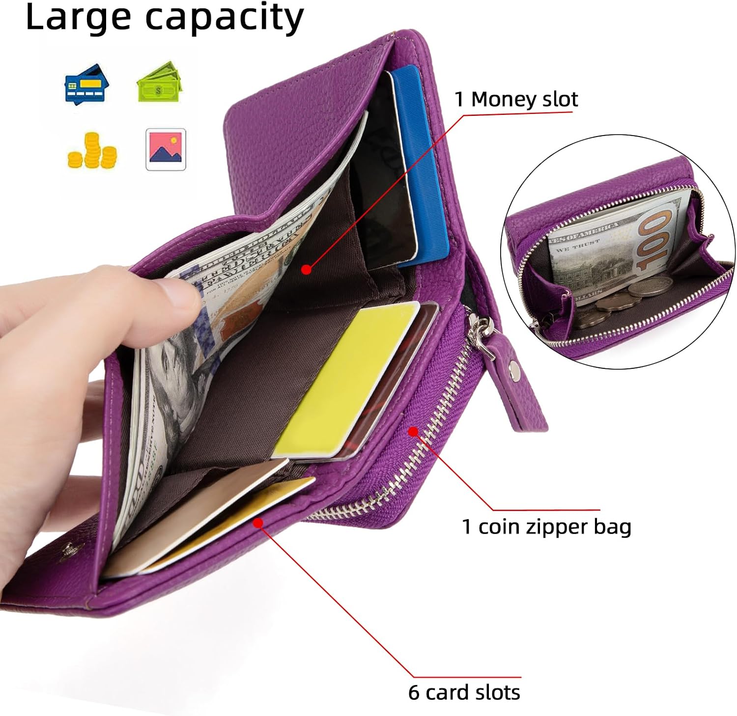 Detalle de CHAOFANXI Portafoglio donna piccolo in pelle PU viola con portamonete e chiusura a zip
