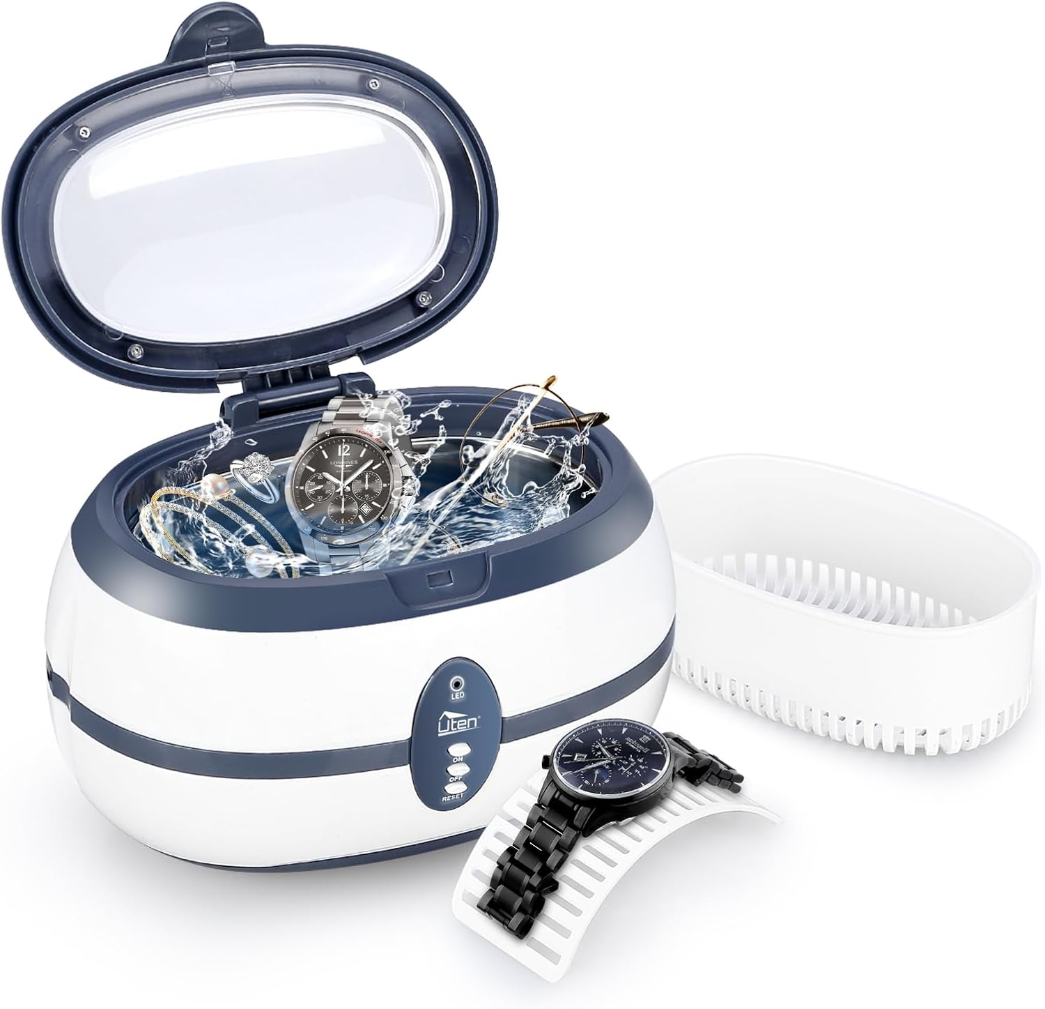Uten Nettoyeur à ultrasons 600 ml avec panier et support automatique (40 000 Hz) pour bijoux, lunettes, dentier