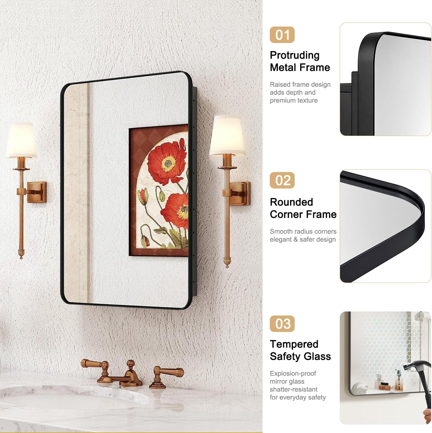 Detalle de Venlus Black Medicine Cabinet with Mirror, 20x28 Inch – Fully Assembled, Recessed or Surface Mount