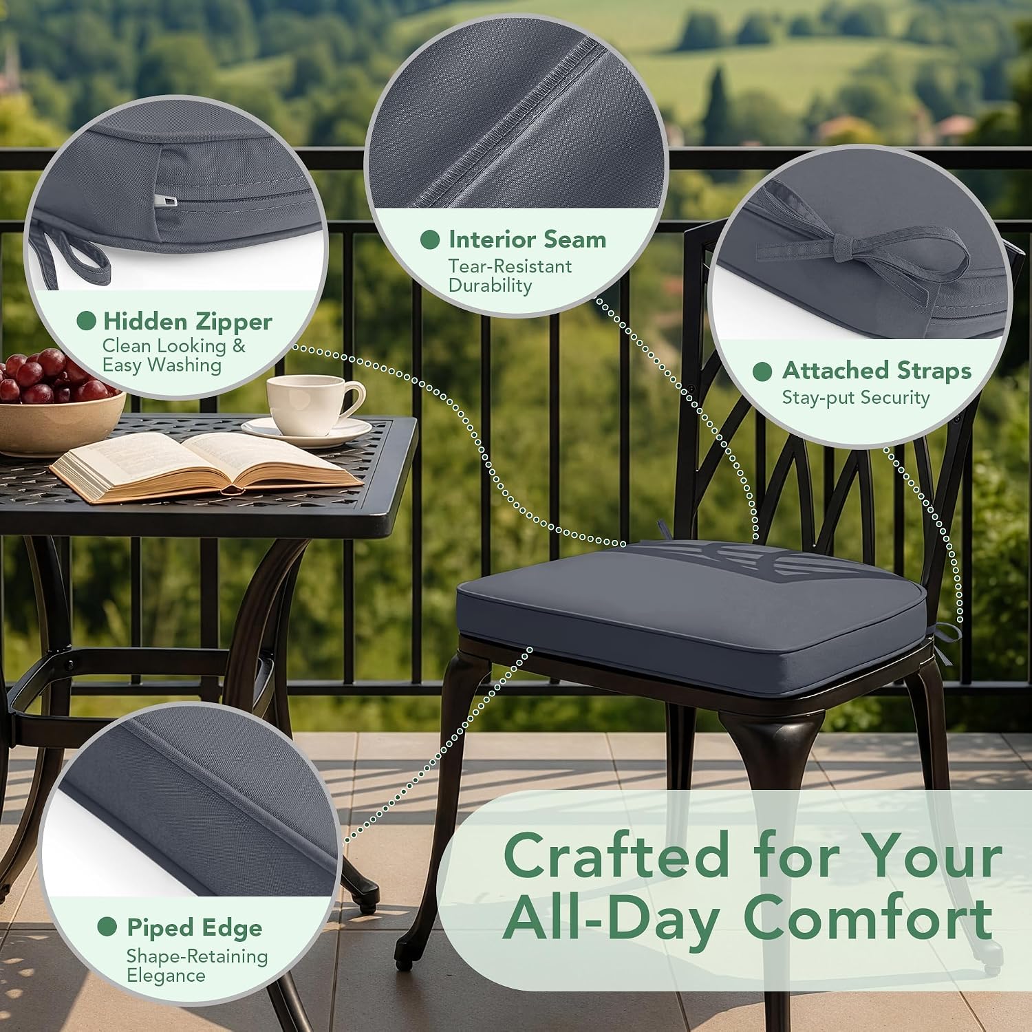 Detalle 2 de Summsun D-Shape Outdoor Chair Cushions, 17 x 16 Inch, Dark Gray, Set of 4