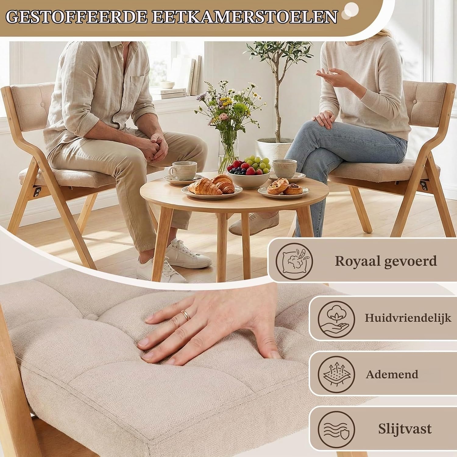 Thumbnail 6 de Clevich LJ-881 gevoerde houten klapstoelen, set van 4, beige