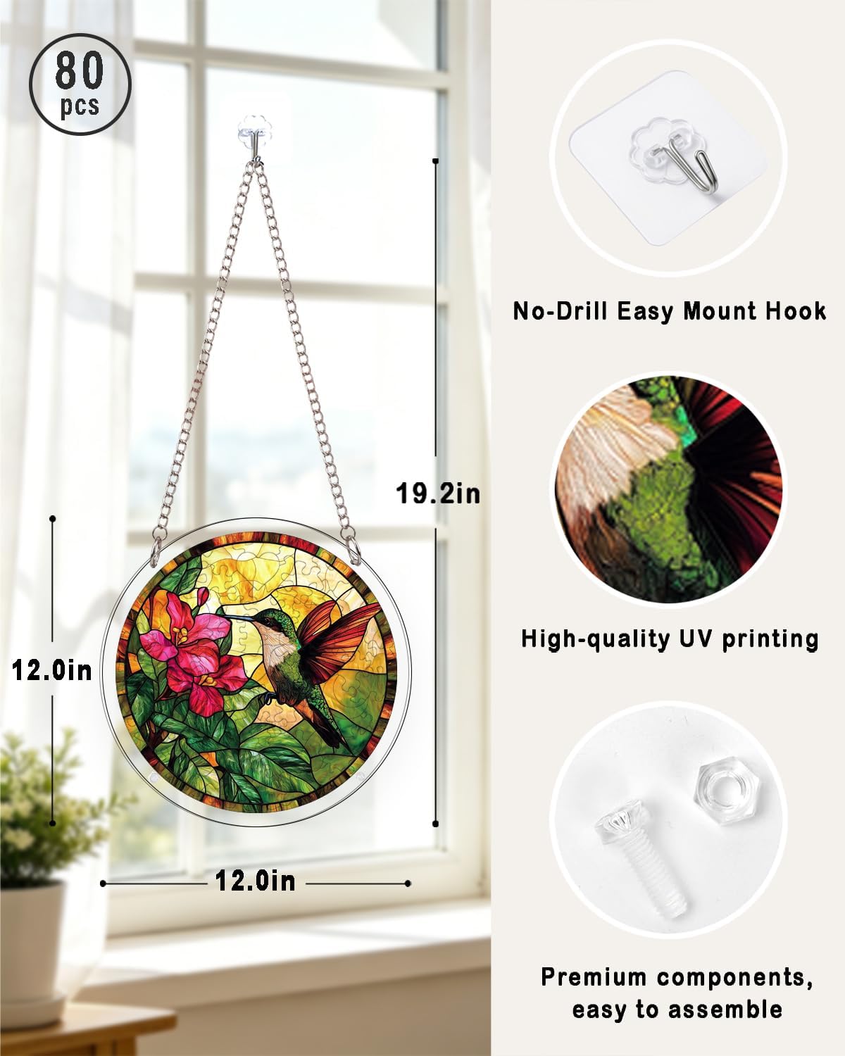 Detalle de HWRHTR 80-Piece Acrylic Hummingbird Suncatcher Puzzle, 12-Inch Floral Design