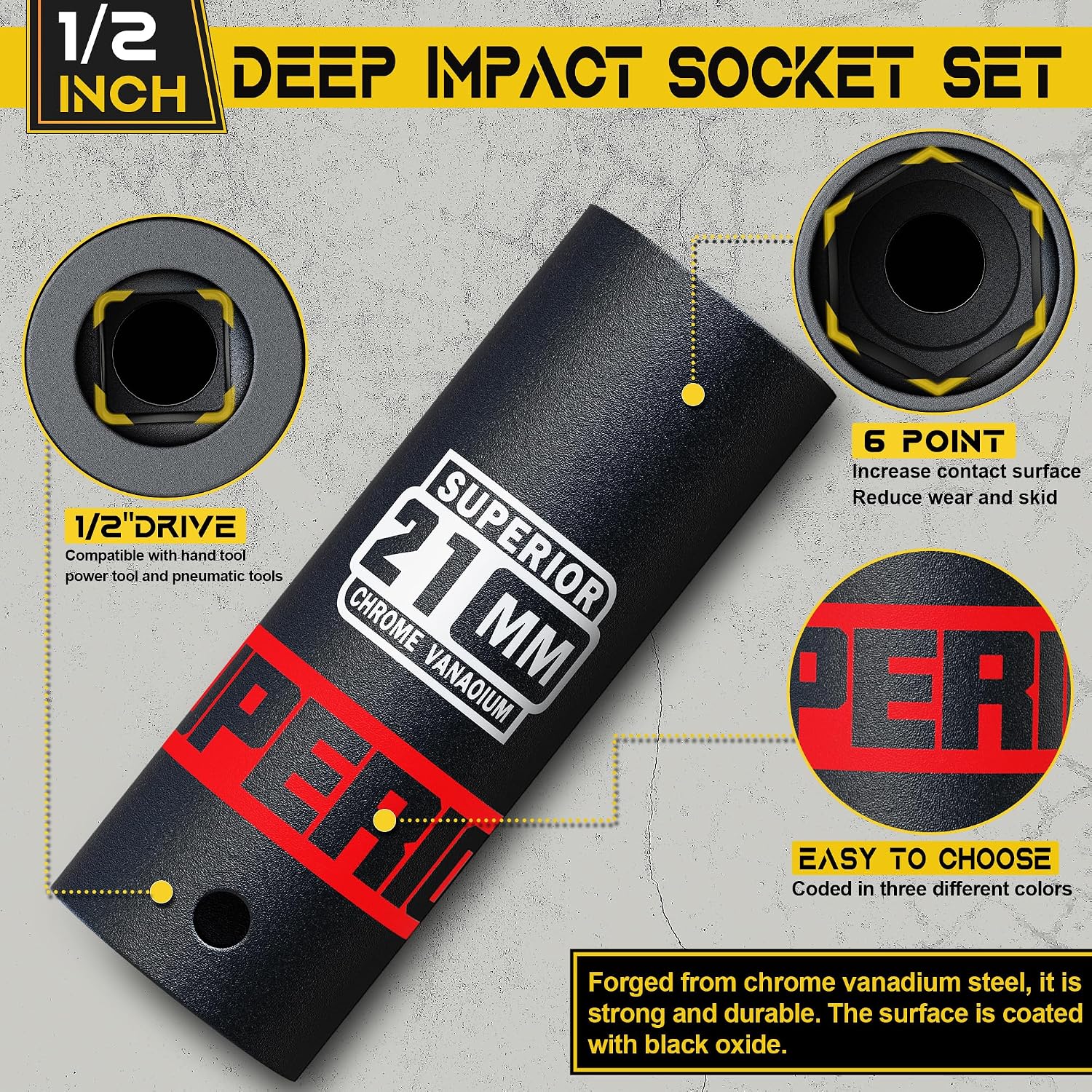 Thumbnail 2 de KIRXST 1/2 Inch Drive Impact Socket Set (11-Piece) – Metric Deep Sockets 10–24 mm with 1/4" Adapter