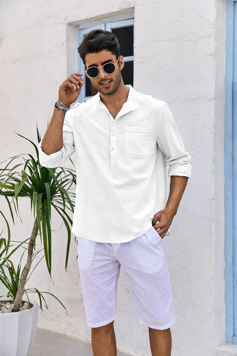 Thumbnail 1 de Runcati Herren Leinenhemd Langarm aus Baumwolle – klassischer Henley Kragen, Regular Fit