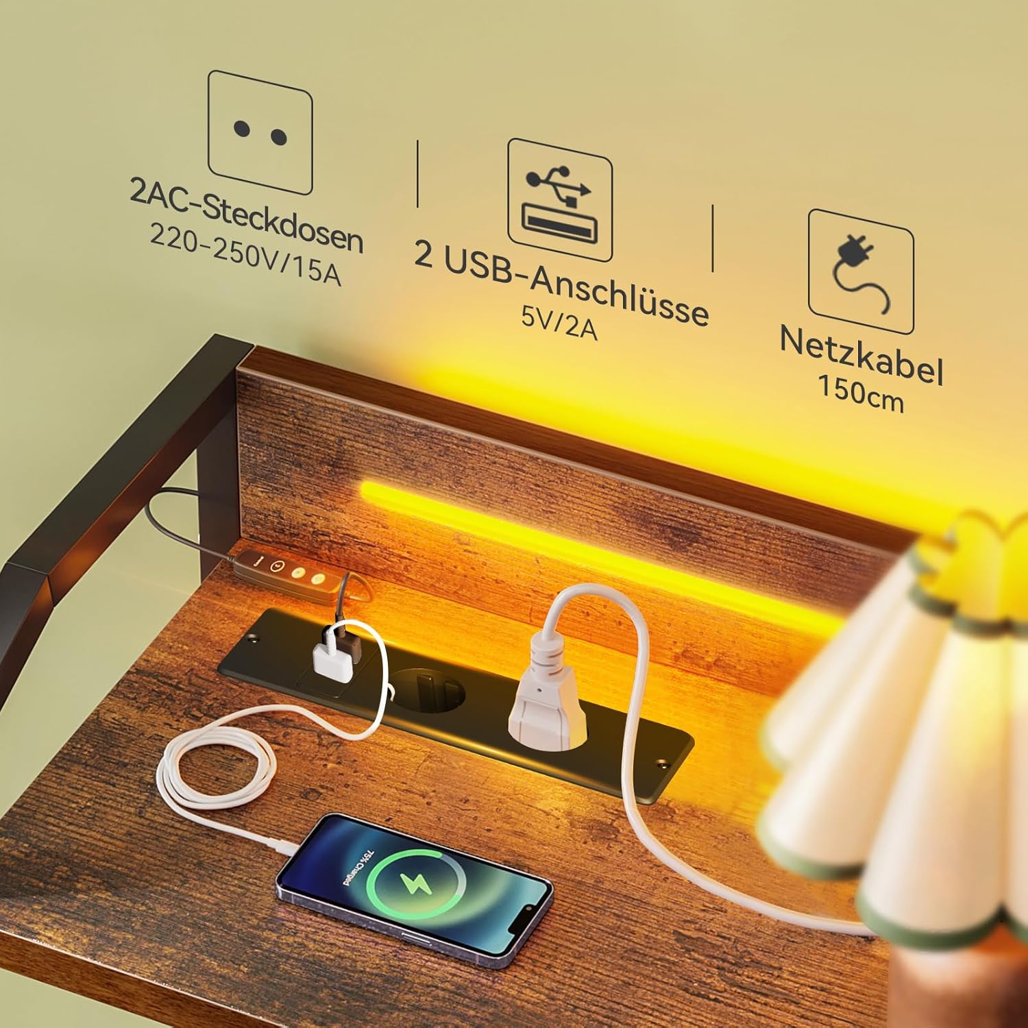 Detalle 2 de ODK Kommode mit 8 Stoffschubladen, LED-Lichtstreifen (10 Farben) und 2 USB/2 AC Steckdosen – 110×30×88 cm Vintage