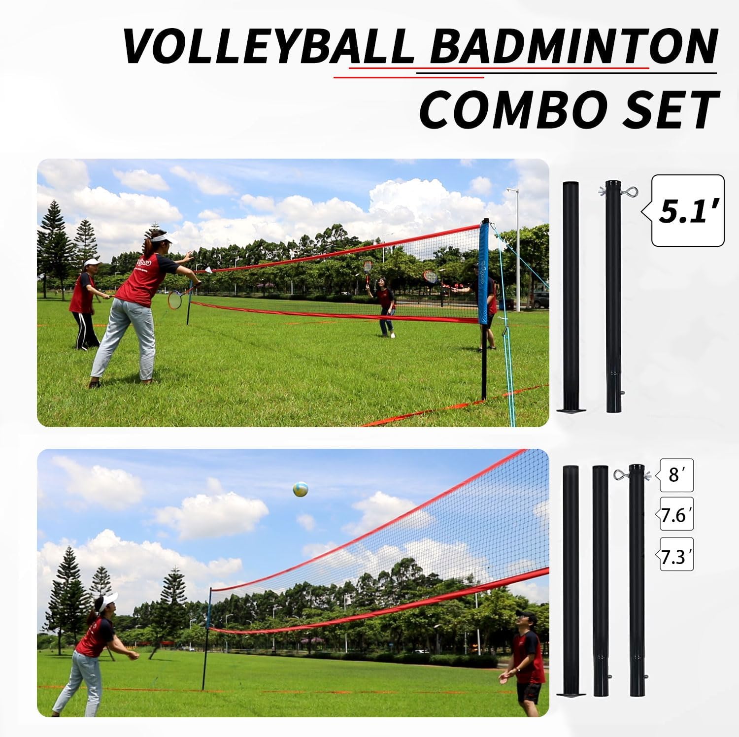 Thumbnail 2 de Zdgao Volleyball and Badminton Combo Set for Backyard — 20FT/32FT Net, Adjustable Poles, 6-Piece Steel Frame, Includes Balls, Rackets, Shuttlecocks, Boundary Line & Carry Bag
