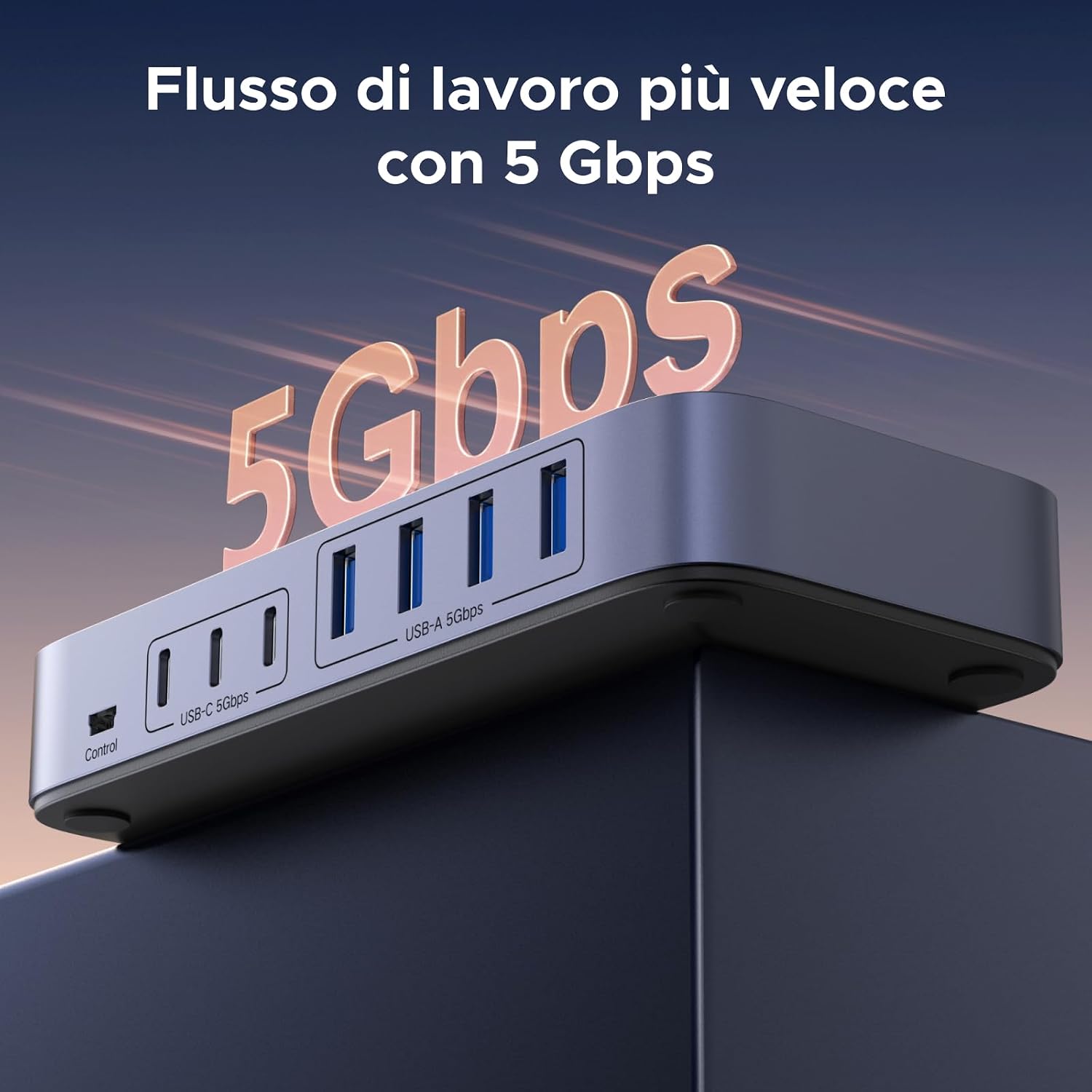 Detalle 2 de UGREEN Switch USB 5Gbps KVM per 2 PC con 7 porte e alimentatore DC 12V/2A (commutatore USB)