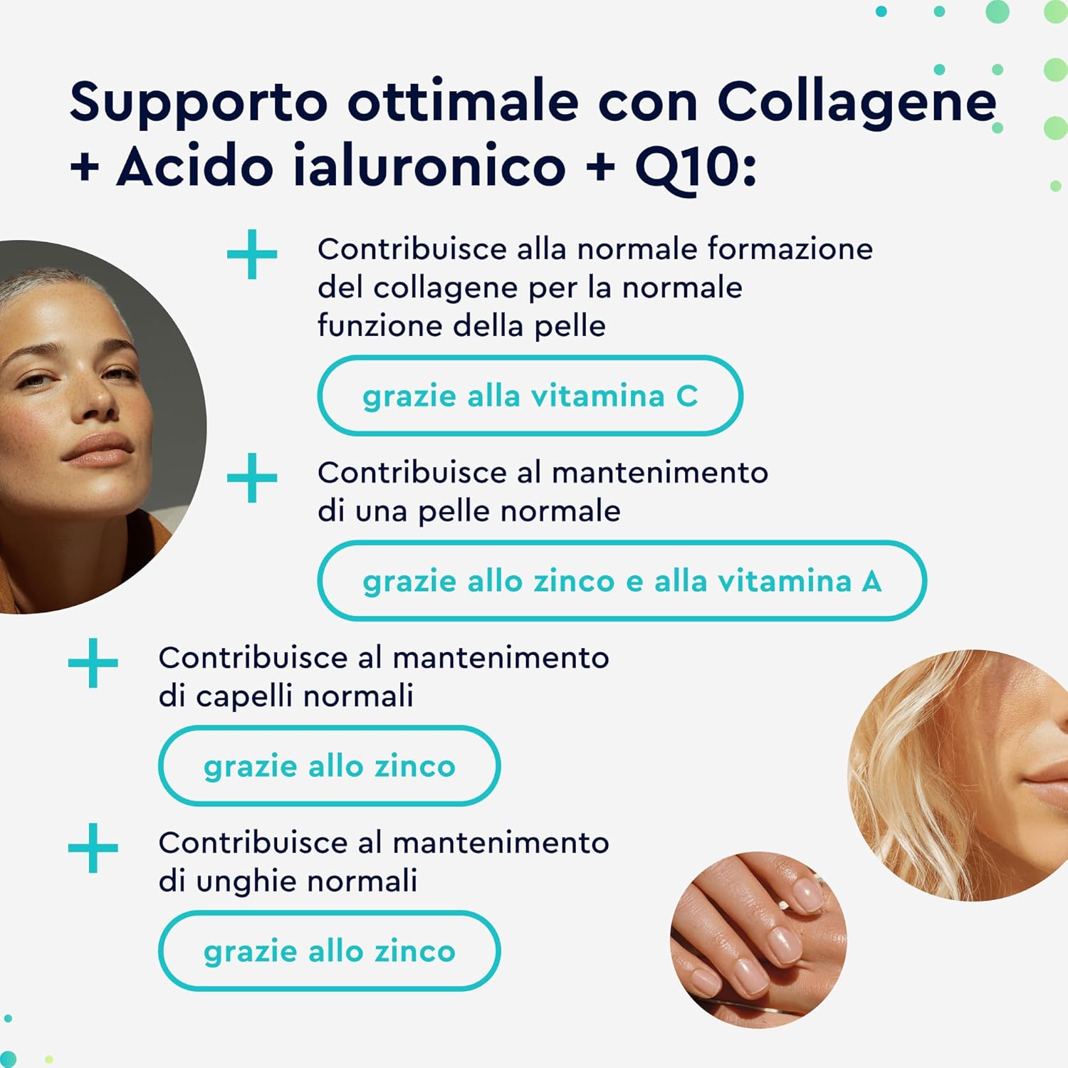 Detalle de Collagene IDROLIZZATO + Acido Ialuronico + Coenzima Q10, Integratore per pelle, capelli e unghie – 120 capsule