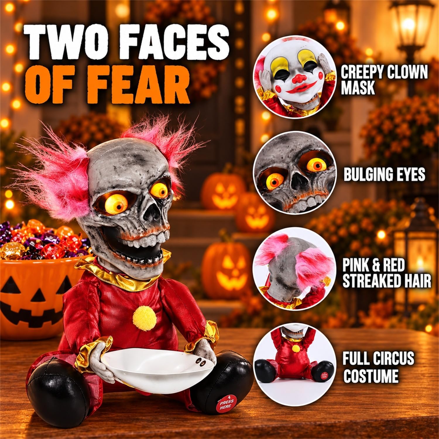 Detalle 2 de Quntis Halloween 0003 Animatronic Clown with Sound and Touch Activation