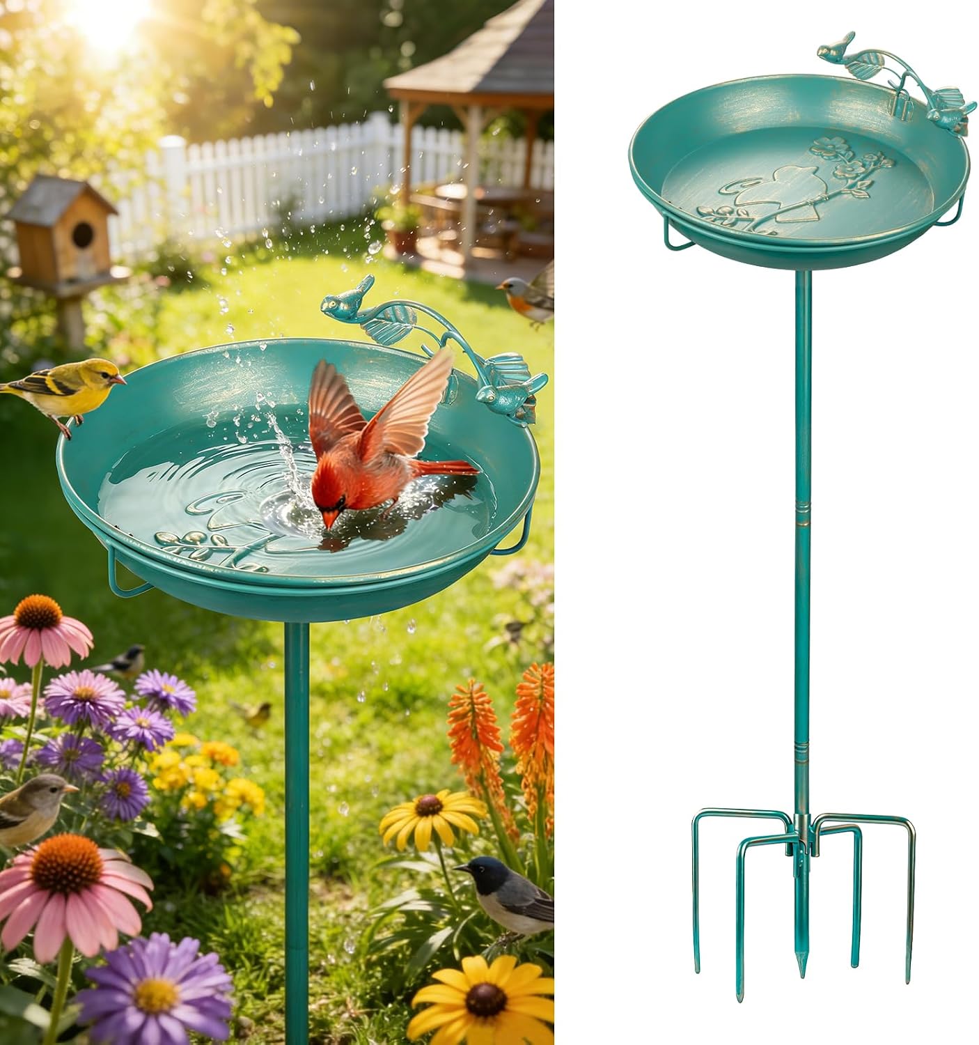 Mellbree Vogeltränke Stehend – Großes Vogelbad mit Sitzstange (30 cm) aus Metall, Seeblau mit Goldverzierungen
