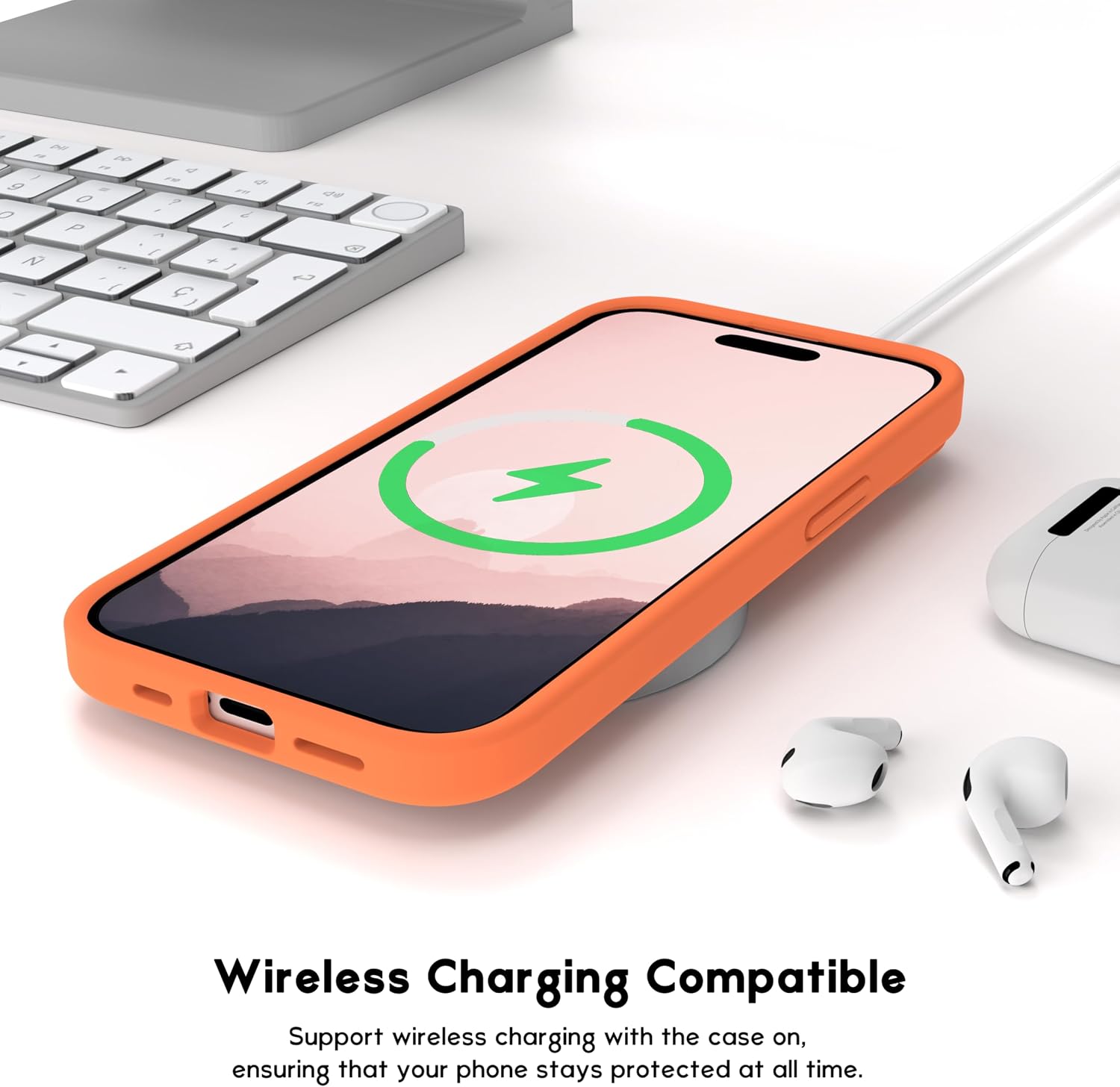 Detalle de INGIDO Gelborange Hülle für iPhone 15 – Flüssigsilikon mit erweitertem Kameraschutz und Soft-Mikrofaserfutter