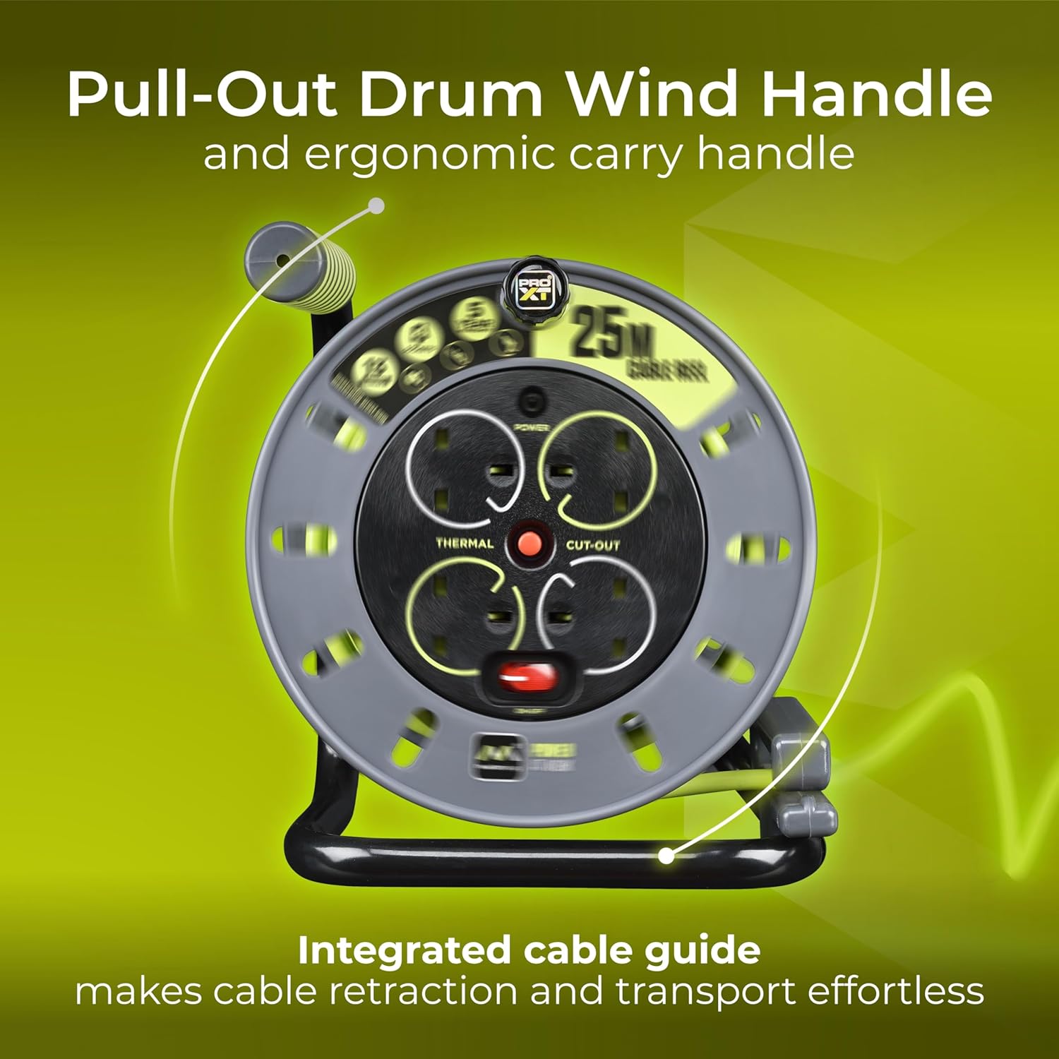 Thumbnail 1 de Masterplug Pro-XT 25m Four Socket Open Cable Reel Extension Lead with Winding Handle (Green)