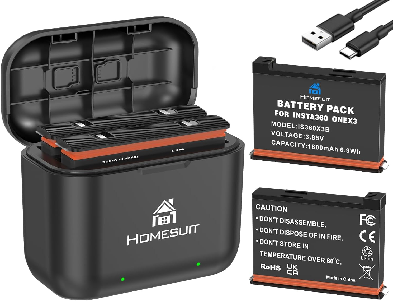 Thumbnail 6 de Homesuit 2er-Pack Insta360 X4 Akku 2500 mAh + Schnellladegerät 3-Kanal – kompatibel mit Insta360 X4