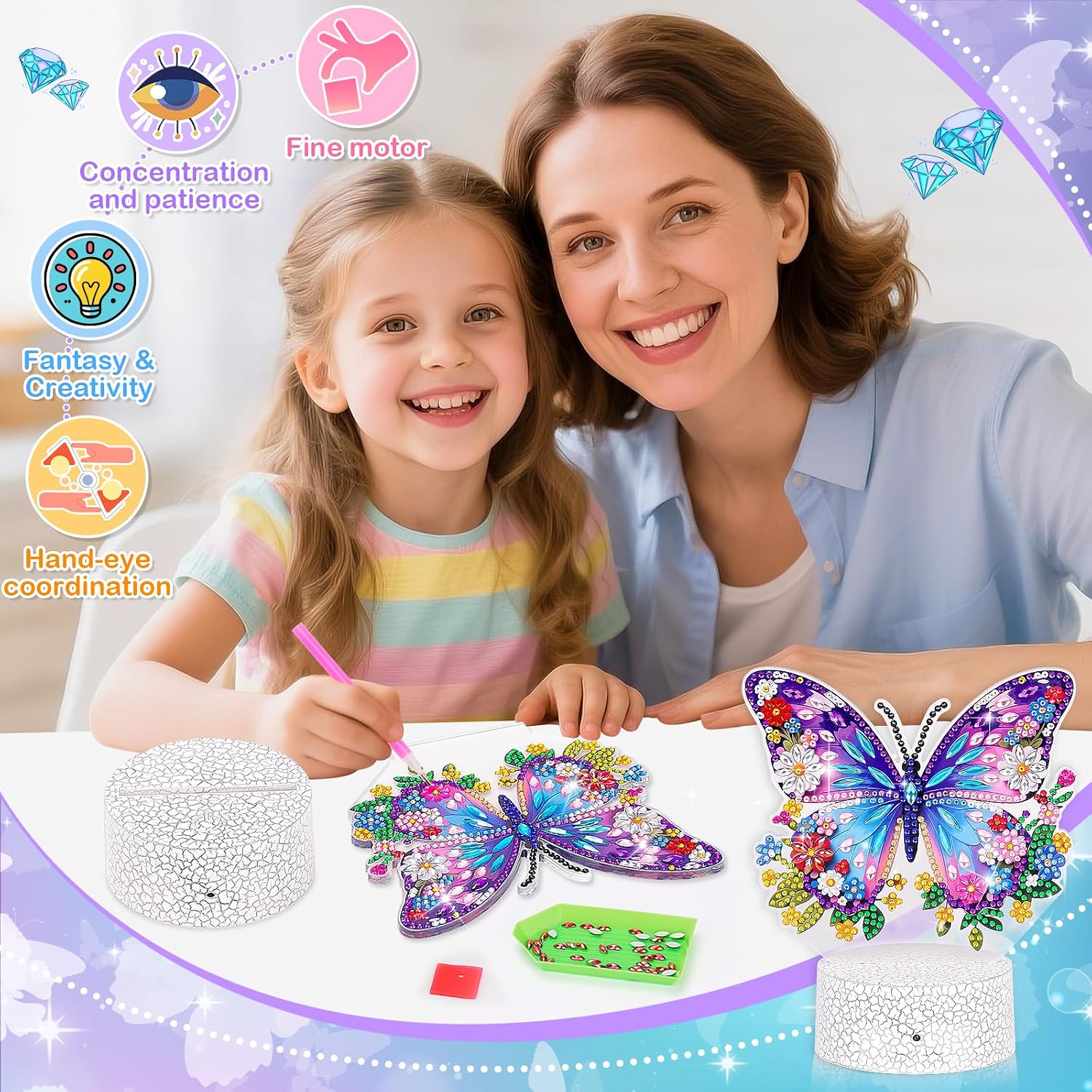 Detalle de Girls Butterfly Diamond Painting Night Light Craft Kit (Age 5–12) with Touch & Remote Control