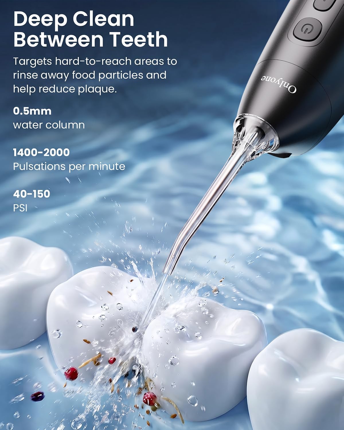 Detalle de Onlyone WD01-Black Portable Water Flosser, 3 Settings, 300 mL Tank