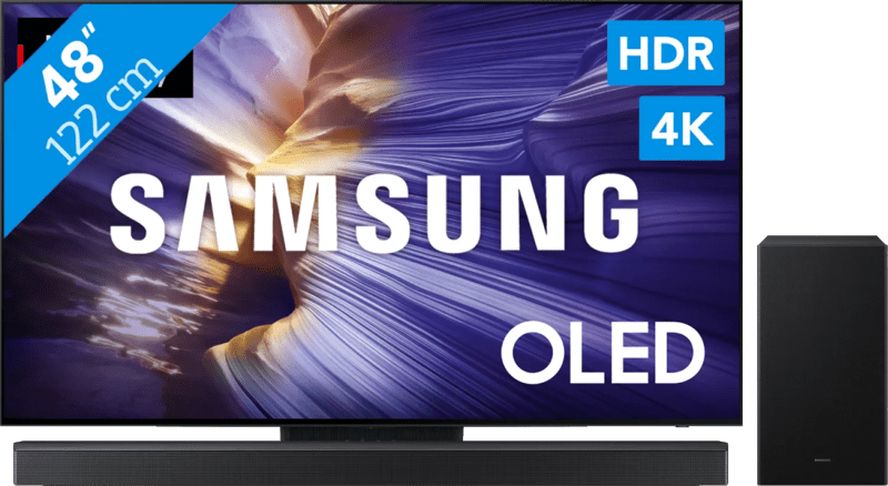 Detalle de Samsung 48'' OLED S90F + HW-B760GF: klare Bildqualität trifft räumlichen Klang