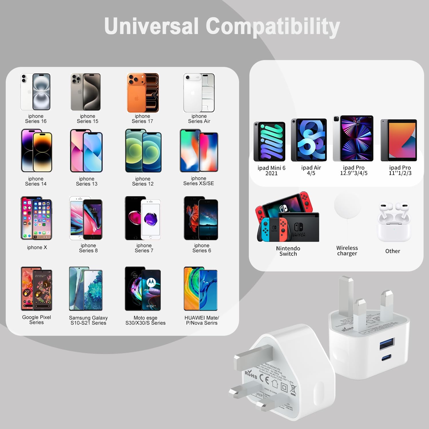 Thumbnail 5 de 2-Pack 20W USB‑C Plug Adapter with UK Plug – Dual USB‑C/USB‑A Charger for Apple Devices