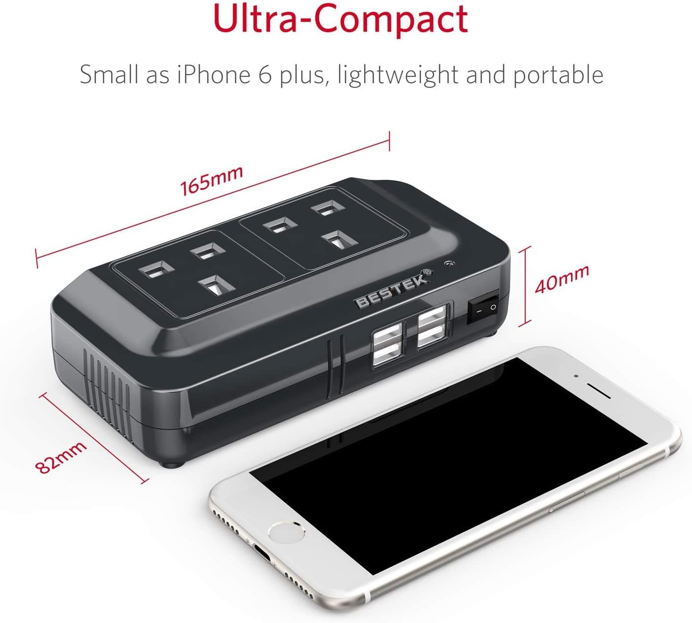 Detalle de BESTEK 200W 12V to 240V Car Inverter with 2 AC Outlets and 4 USB Ports