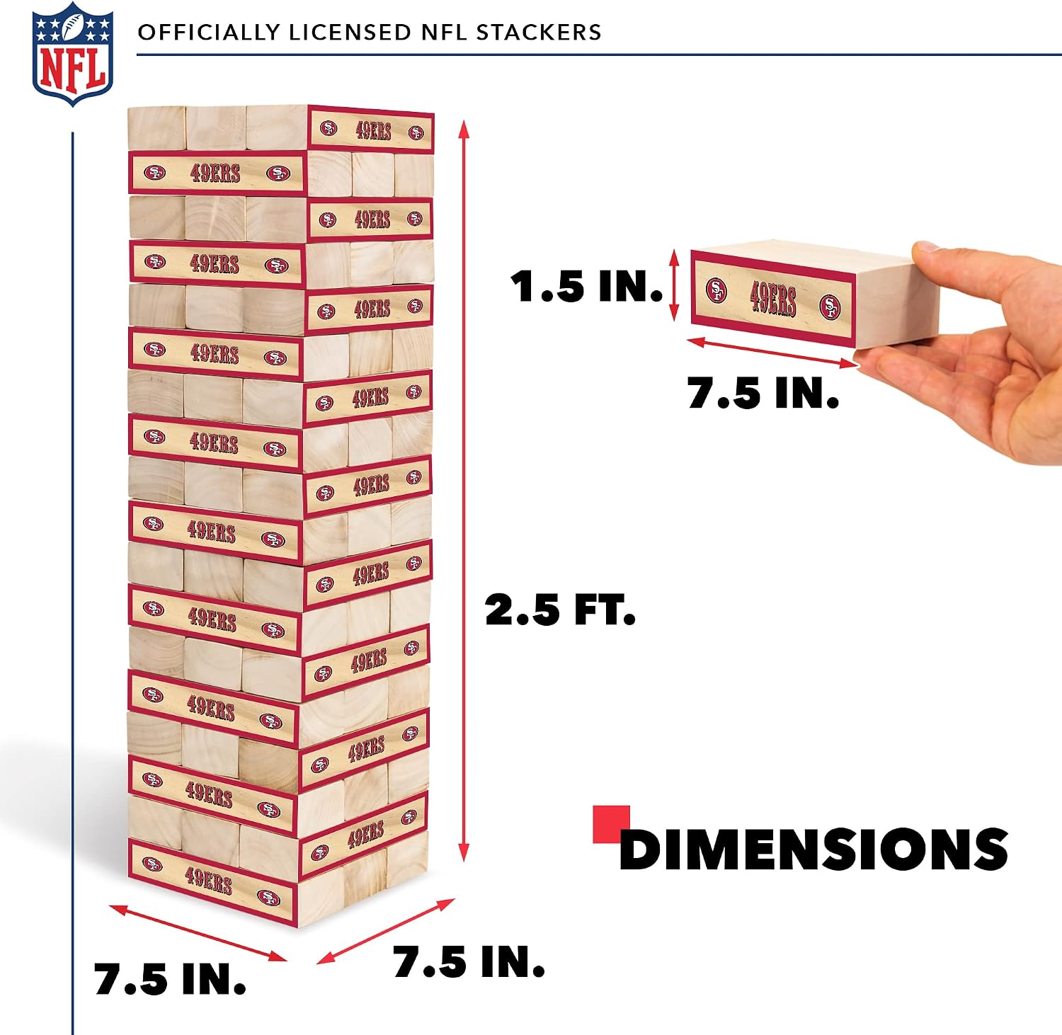 Detalle 2 de Wild Sports NFL Giant Stacking Wooden Blocks (Tumbling Tower) – Licensed Team Logo Football Game
