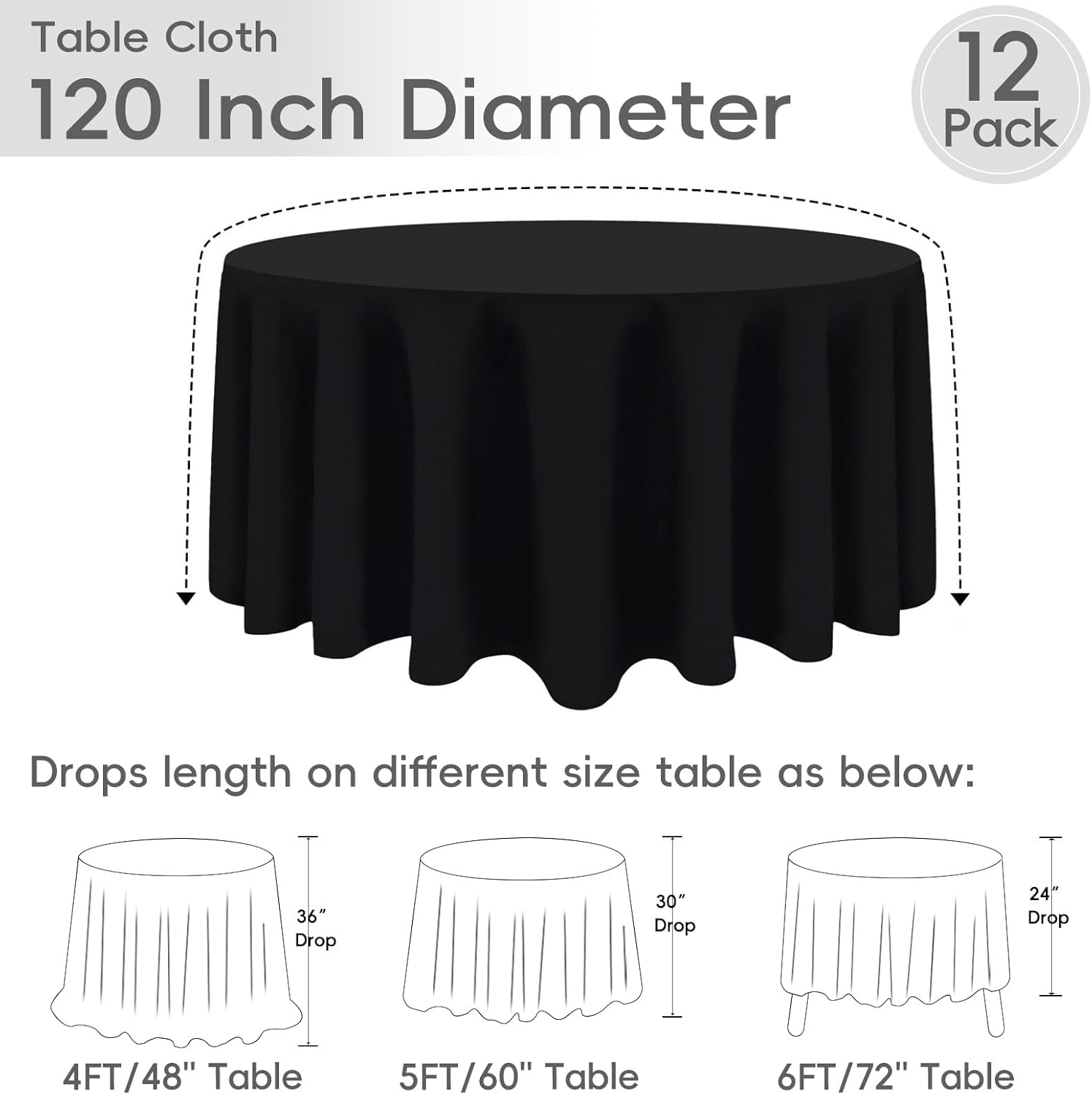 Detalle de 12 Pack Round Tablecloth 120 Inch in Black – RestfulGlow Premium Polyester, Wrinkle-Resistant & Seamless