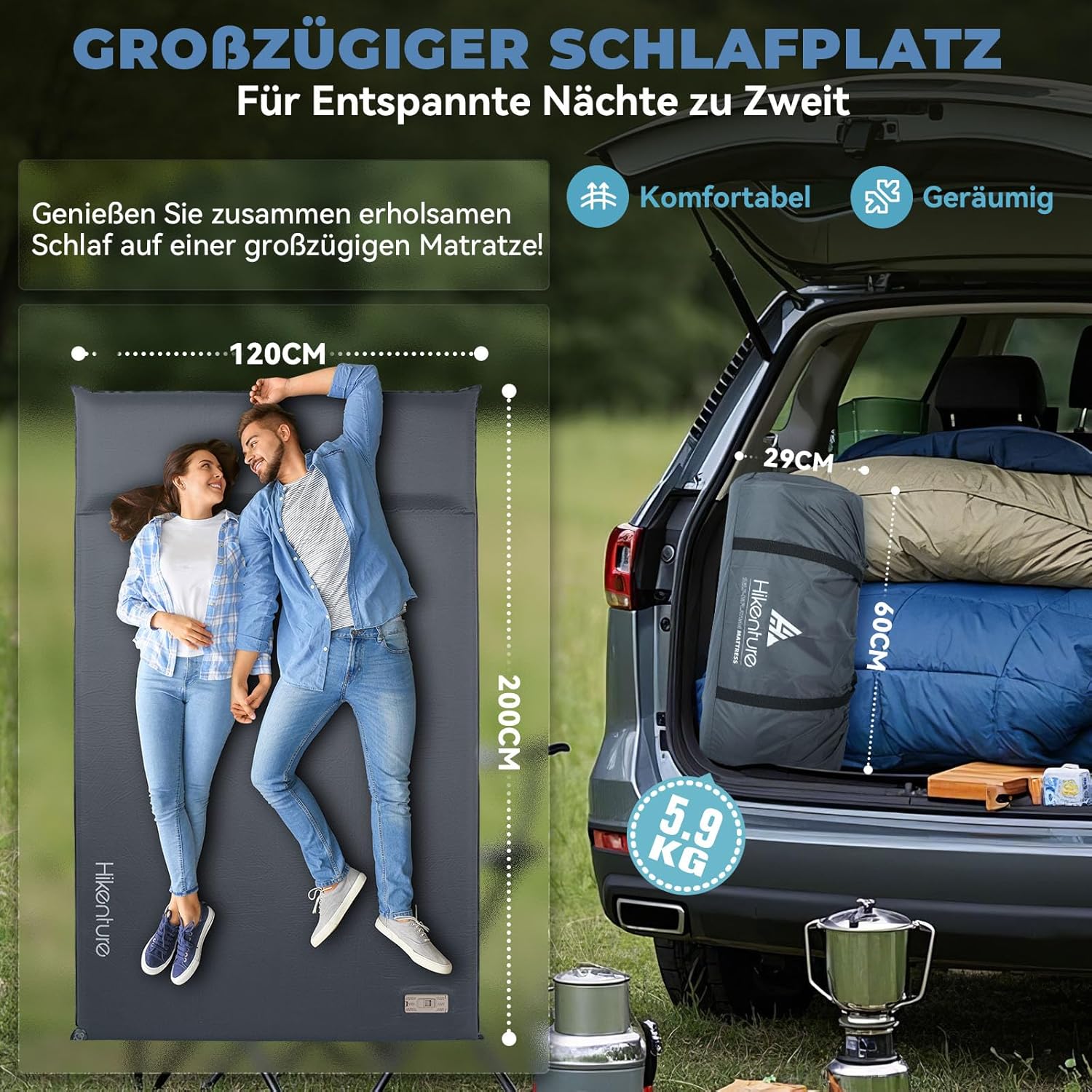 Thumbnail 5 de HIKENTURE Doppel-Selbstaufblasende Isomatte (8 cm) mit eingebauter Elektropumpe – 120 x 200 cm, B1