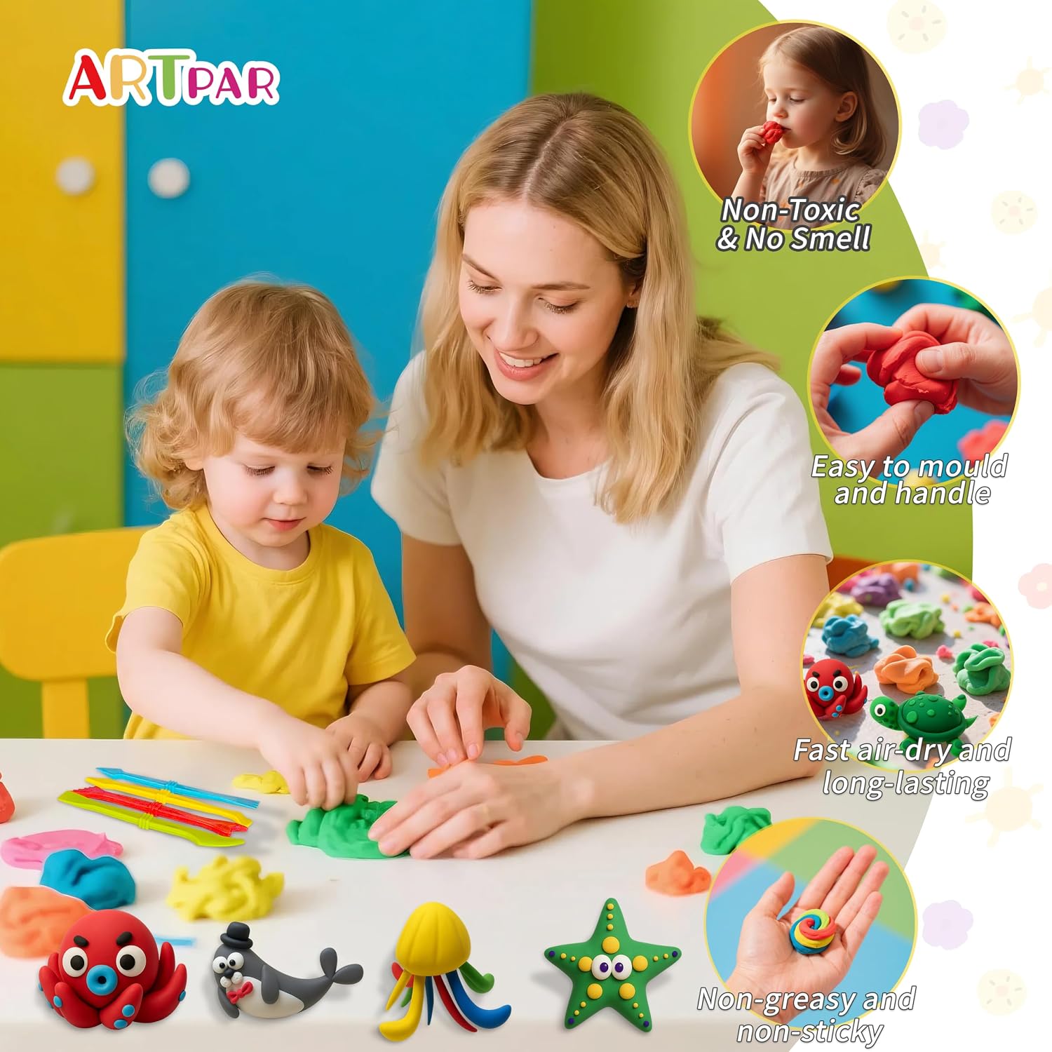 Detalle de ARTPAR Air-Dry Clay Kit for Kids: 12 Marine Animals Modeling Set with 4-Color Tins