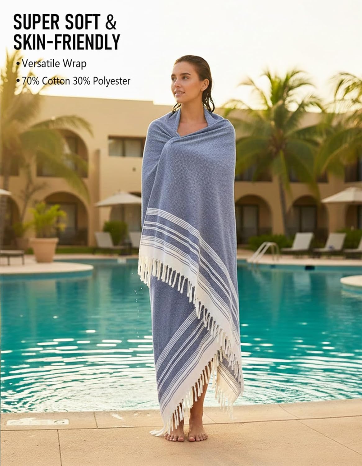 Detalle de Yongoes Oversized Turkish Beach Towel Blanket (82 x 88 in) Cotton-Poly Blend Sandproof Throw for Adults