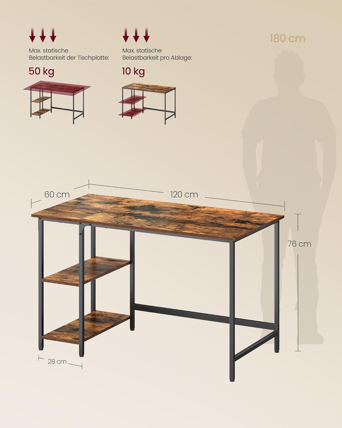 Thumbnail 2 de VASAGLE Computertisch LWD47X – Bürotisch 120 x 60 cm im vintagebraun-schwarz Stil