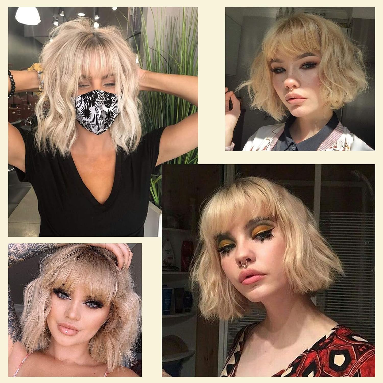 Detalle de MISSQUEEN Short Blonde Wig with Bangs - Wavy Bob, Ombre Synthetic Hair