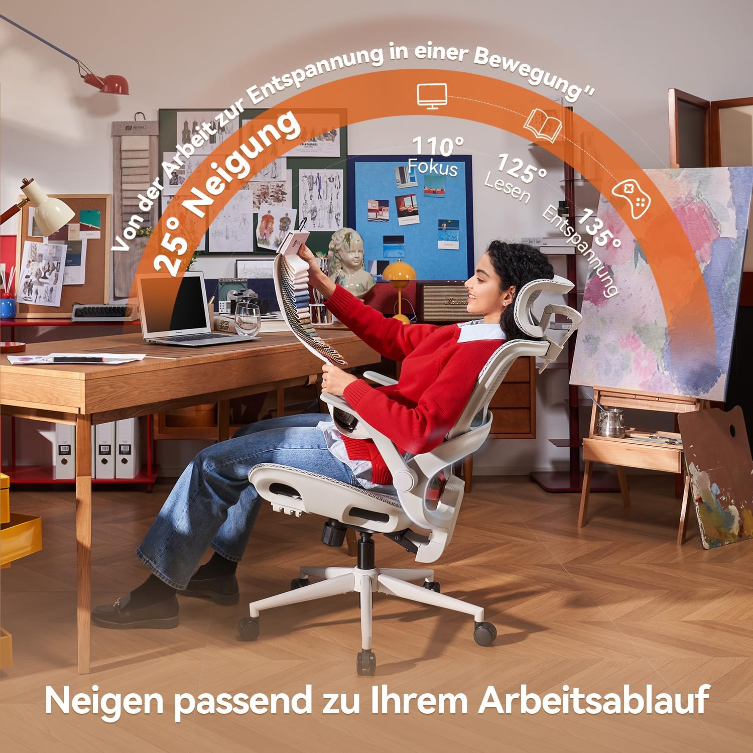 Detalle de SIHOO B100: Ergonomischer Bürostuhl mit dynamischer Lordosenstütze, breiter Kopfstütze und klappbaren Armlehnen