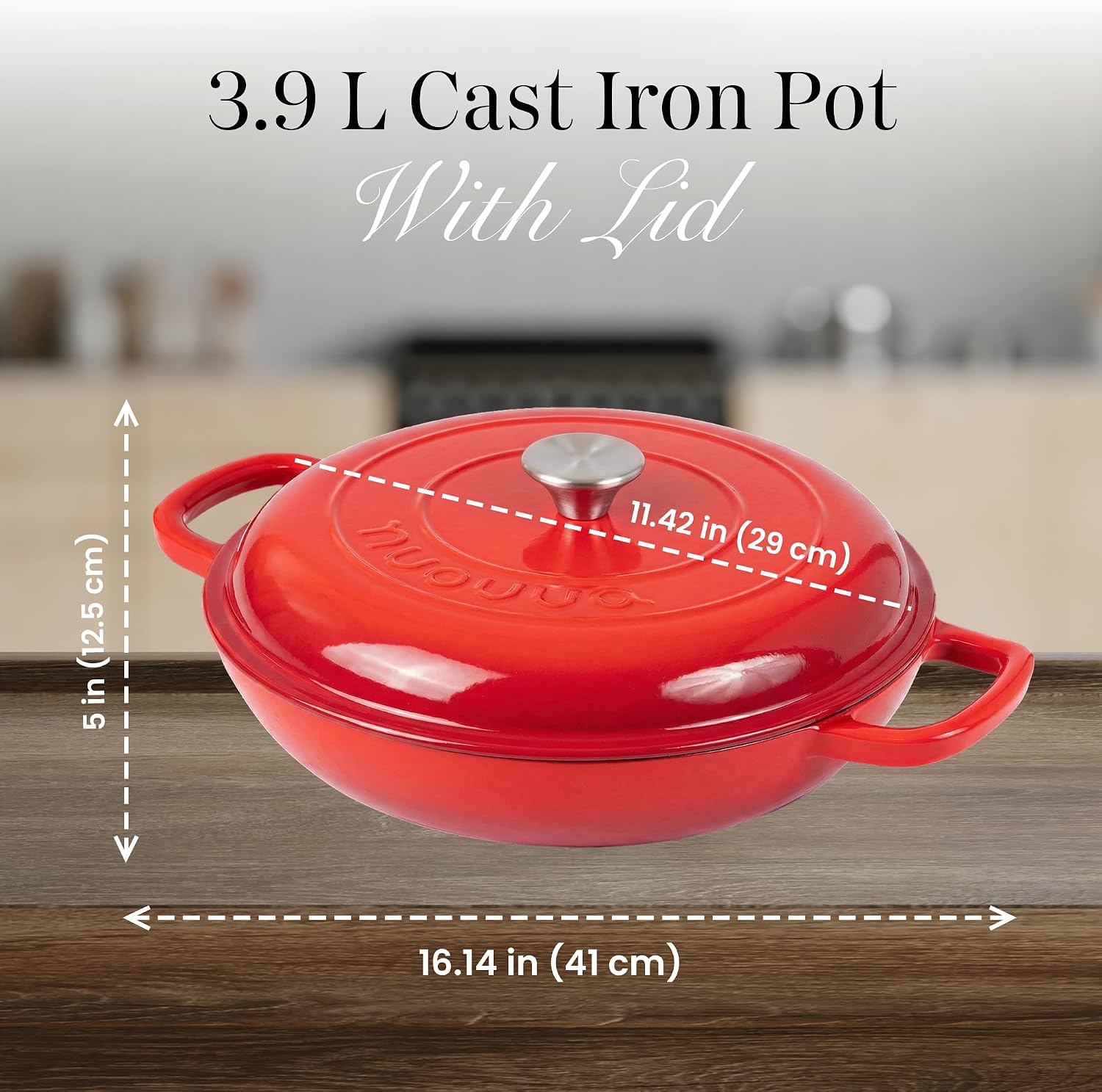 Detalle de Nuovva Shallow Cast Iron Casserole with Lid (3.7-Quart, 30cm) – Enamelled Non-Stick Dutch Oven Pot, Red