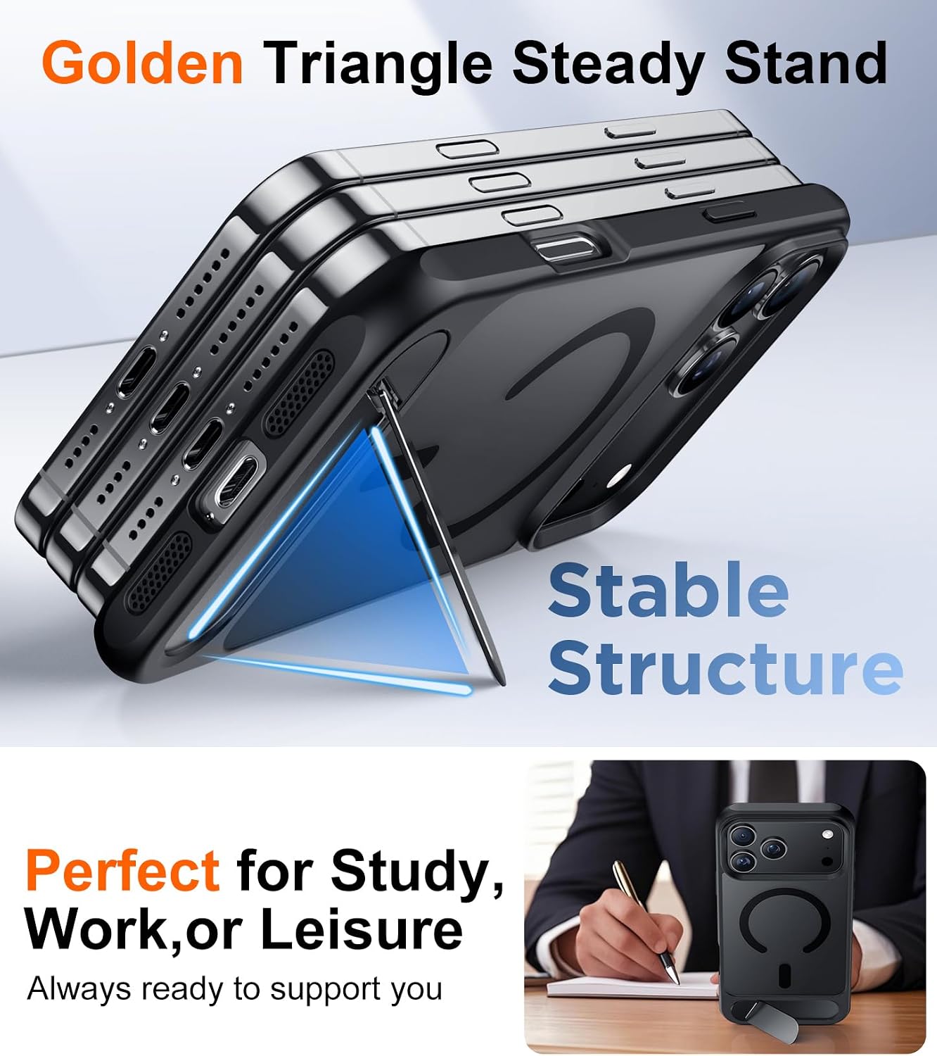 Detalle de Temdan Designed for iPhone 17 Pro Case (6.3 in) with Built-in Invisible Kickstand, MagSafe Compatibility, Military Grade Shockproof — Black