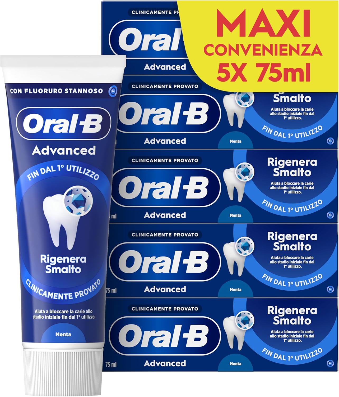 Detalle de Oral-B Dentifricio Advanced Rigenera Smalto, 5x75 ml – Dentifricio allo stannoso fluoruro per protezione e rigenerazione dello smalto