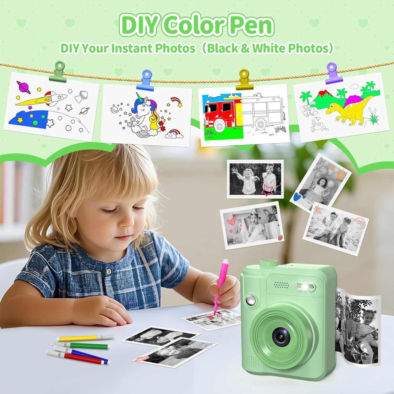 Thumbnail 4 de Gofunly Kids Camera Instant Print (1080P) with 32GB card & 5 print paper rolls – Green