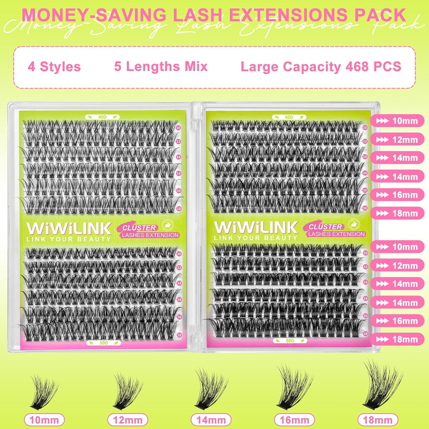 Thumbnail 2 de WiWiLINK Lash Clusters Kit, D Curl 10–18 mm, 40D–80D, 468 Pieces