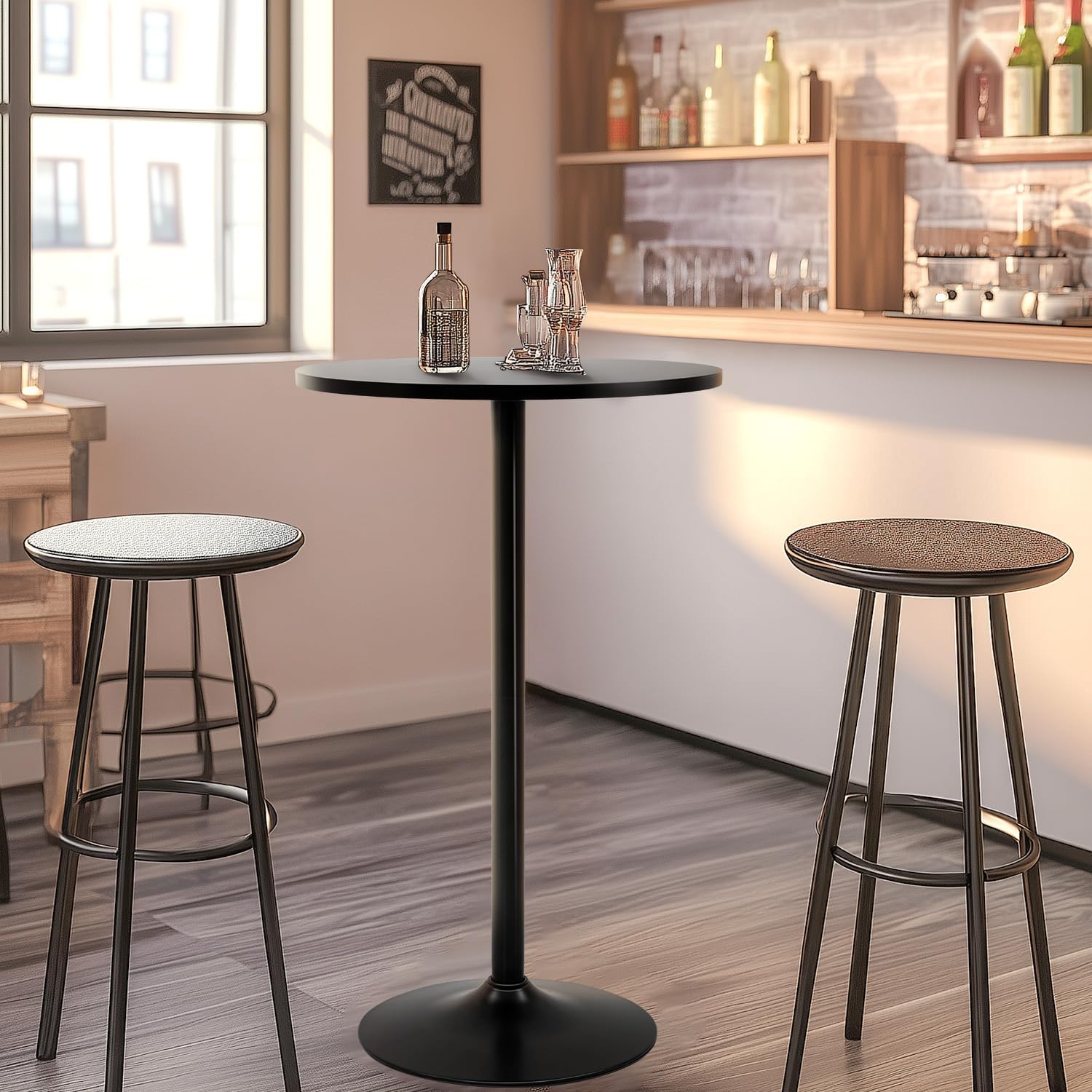 Detalle 2 de FDW Modern Round Hydraulic Pub Table, Black, Wood Top, Metal Frame