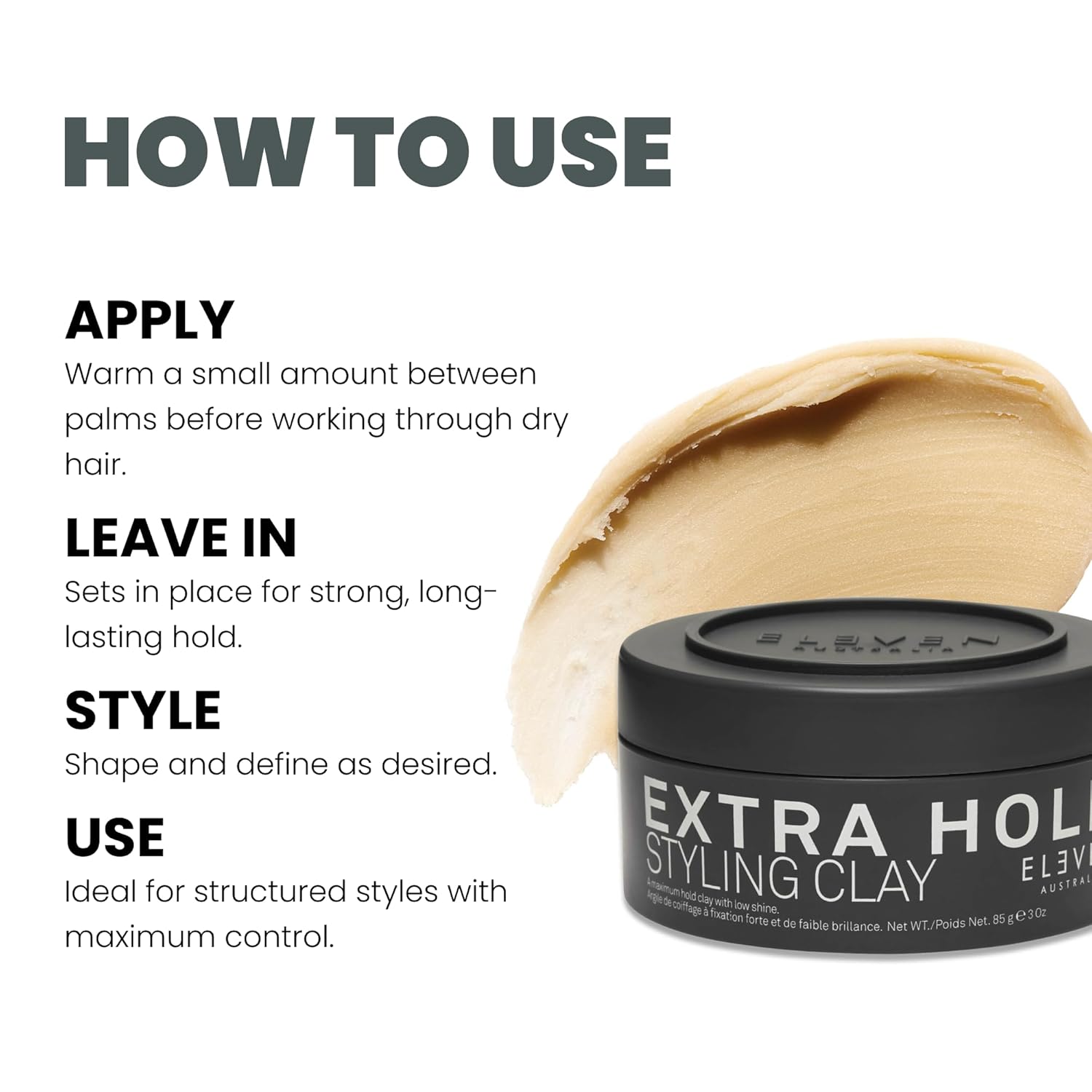 Detalle de ELEVEN AUSTRALIA Extra Hold Styling Clay – 85 g für 24-Stunden-Halt, ideal für kurzes Haar
