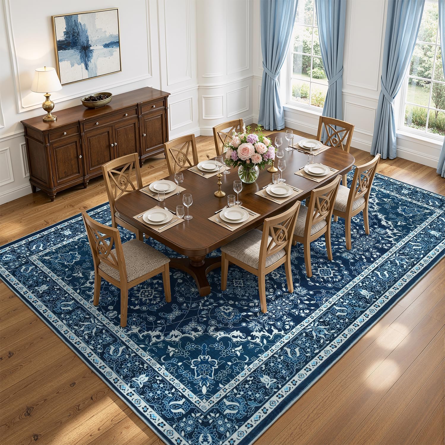 Detalle de Lessymo 9' x 12' Blue Floral Area Rug, Washable Low-Pile Faux Wool