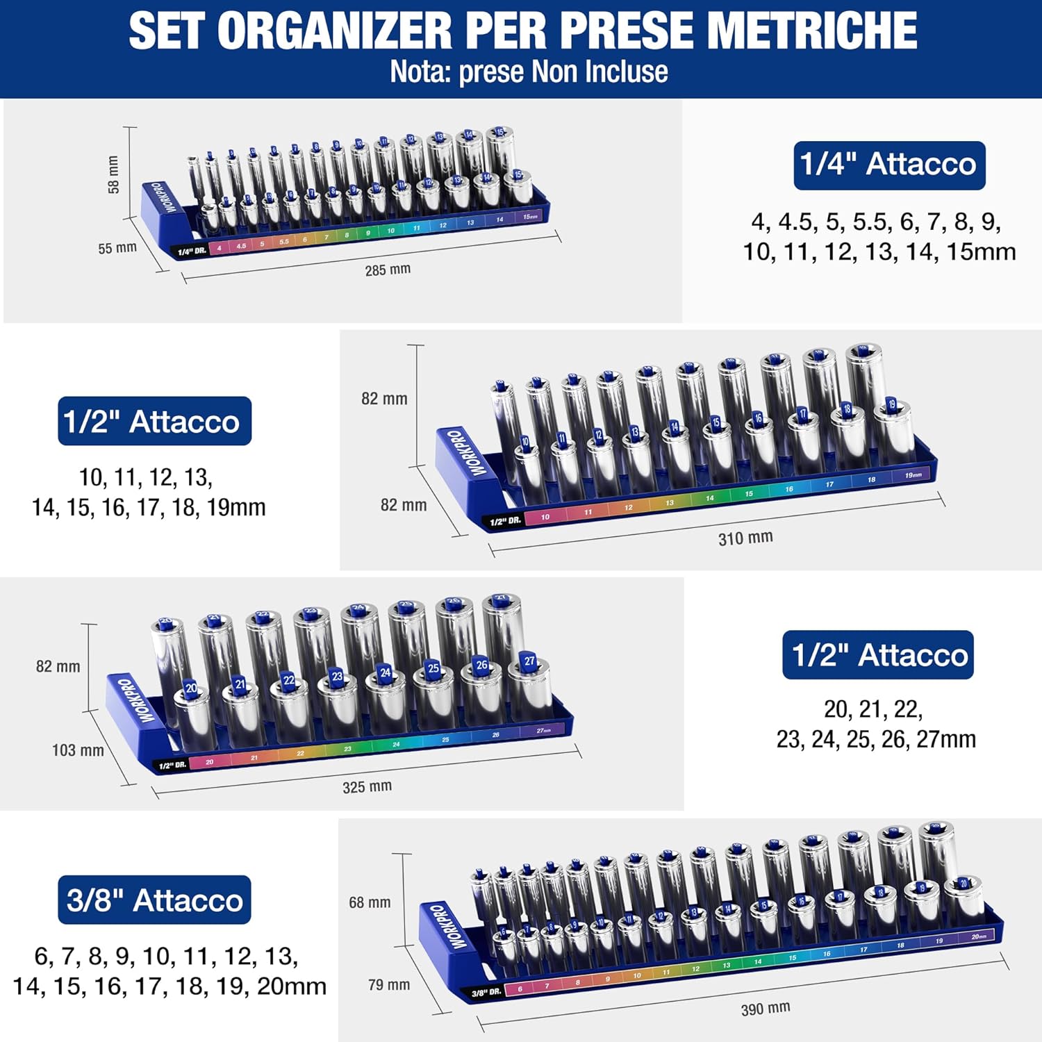 Detalle de WORKPRO Porta Bussole per prese metriche fino a 94 pezzi (1/4, 3/8, 1/2) con vassoio portaprese e fori