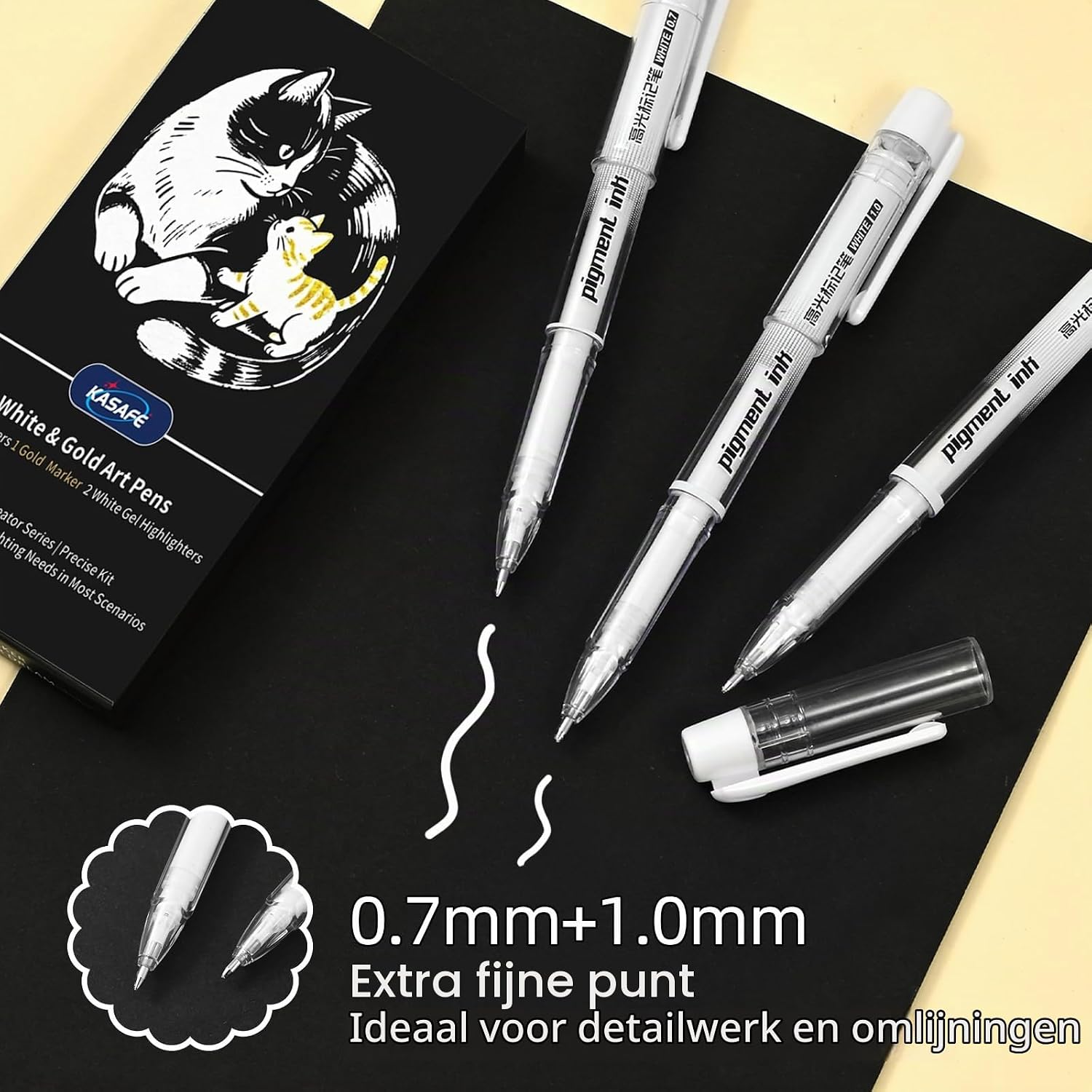 Detalle de KASAFE set met witte gel- en acrylpennen en gouden pen, 8 stuks