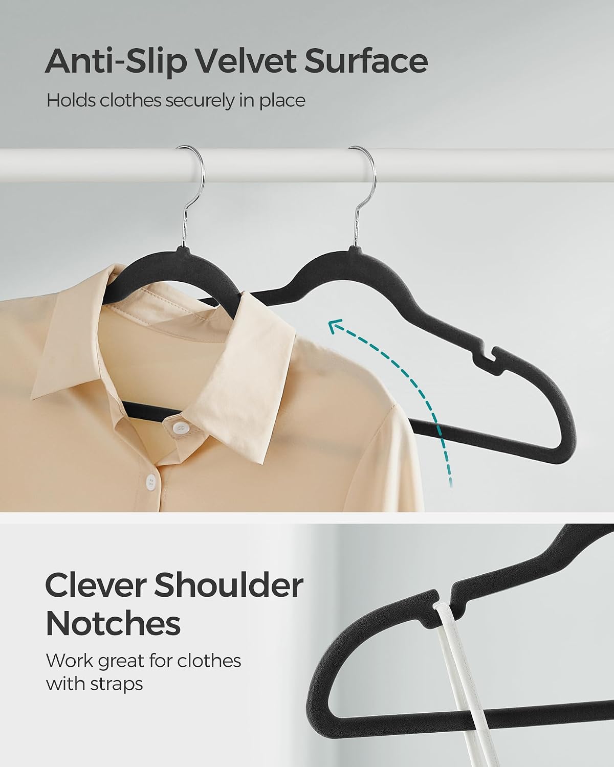 Detalle de SONGMICS CRF029B05 Velvet Coat Hangers, 50 Pack, Non-Slip, Swivel Hook