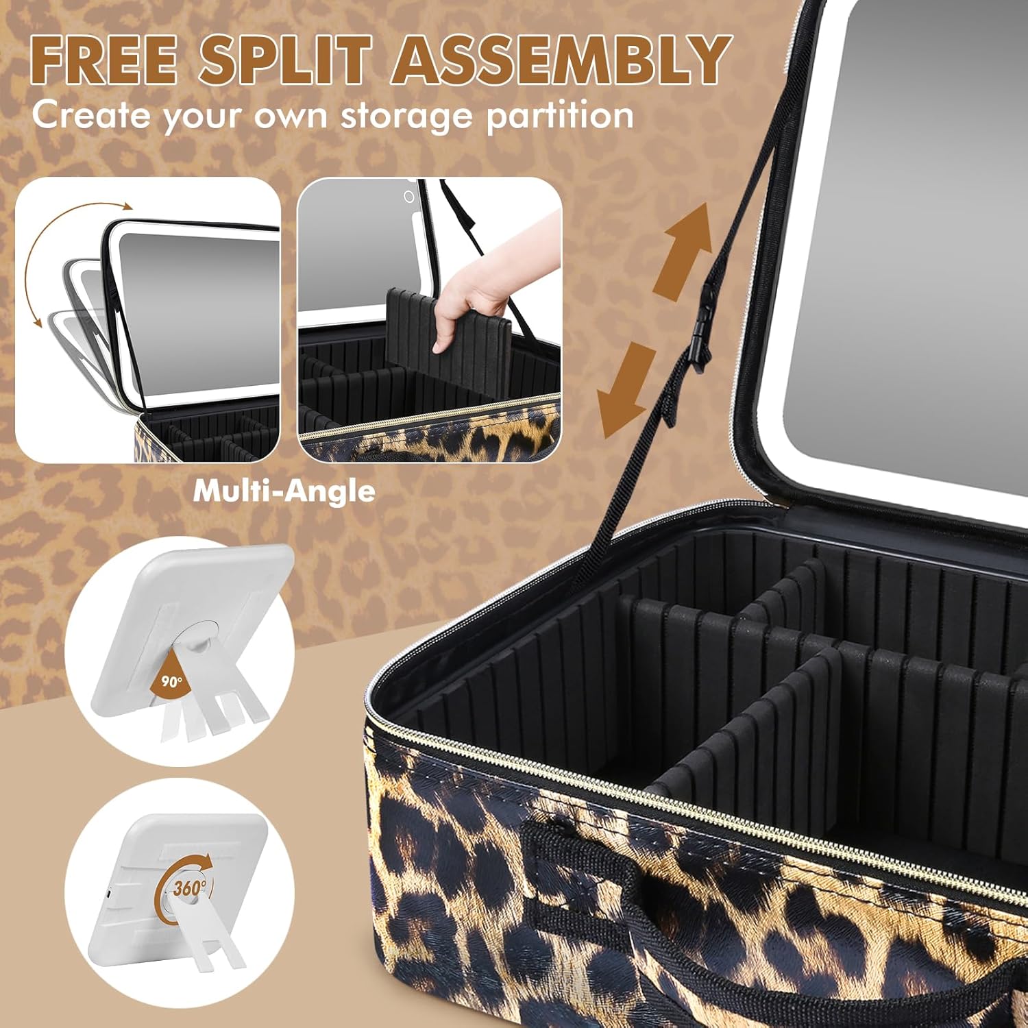 Thumbnail 4 de Large Makeup Bag with Removable Lighted Mirror — 38 x 30 cm, Adjustable Dividers and Brush Storage Board