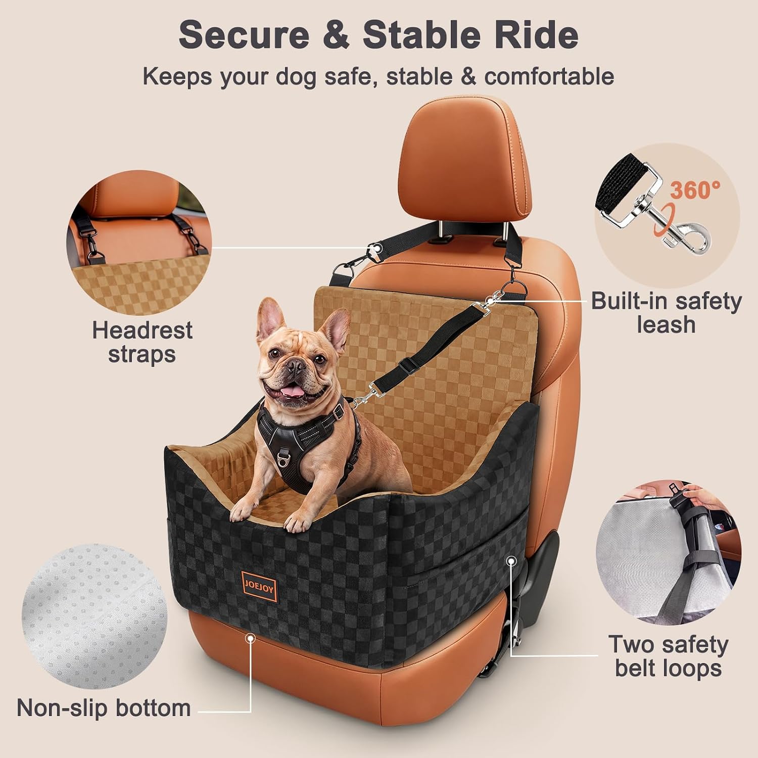 Detalle 1 de JOEJOY PET-BK-001-BN Elevated Dog Car Seat, Memory Foam, Brown