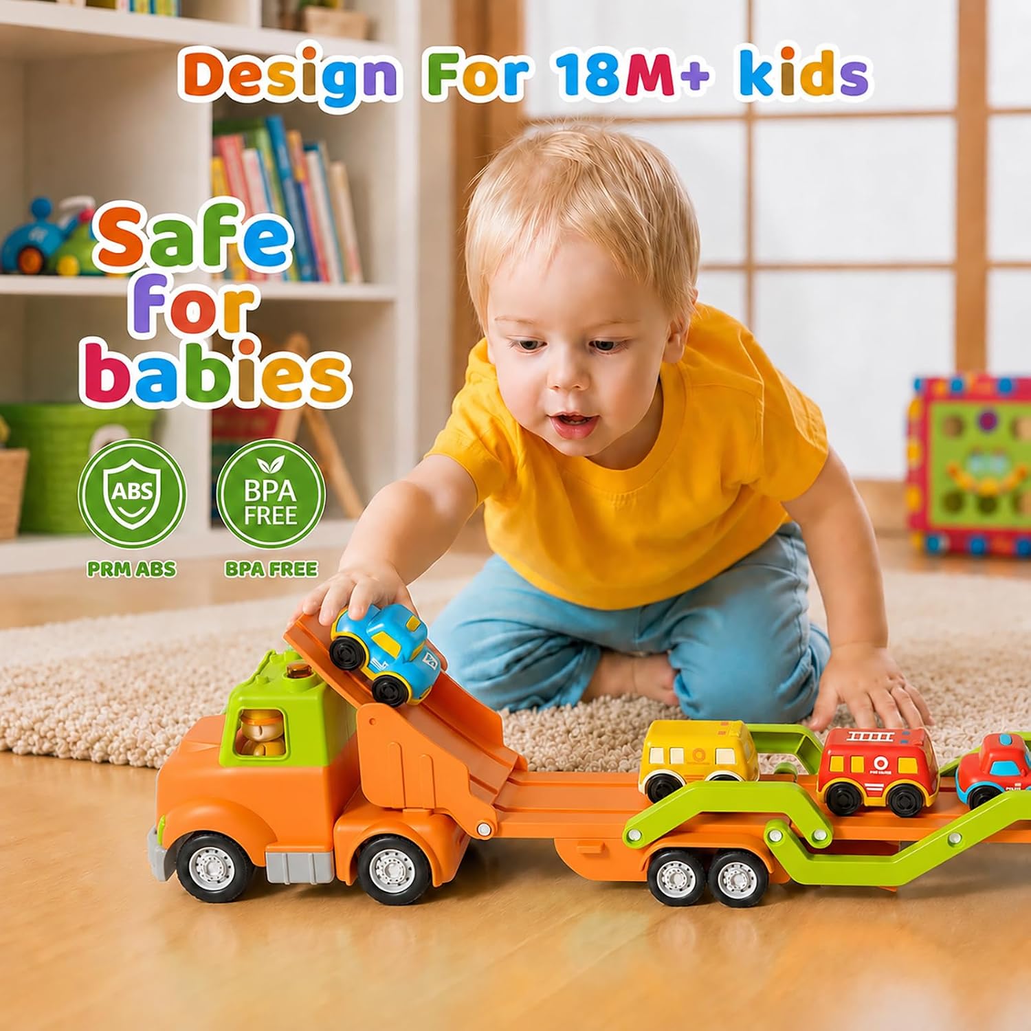 Thumbnail 1 de Veslier 9-in-1 Transport Trailer Toy Set for Toddlers (2–5 Years) With 6 Mini Cars, Foldable 30in Track Trailer, Lights & Sounds
