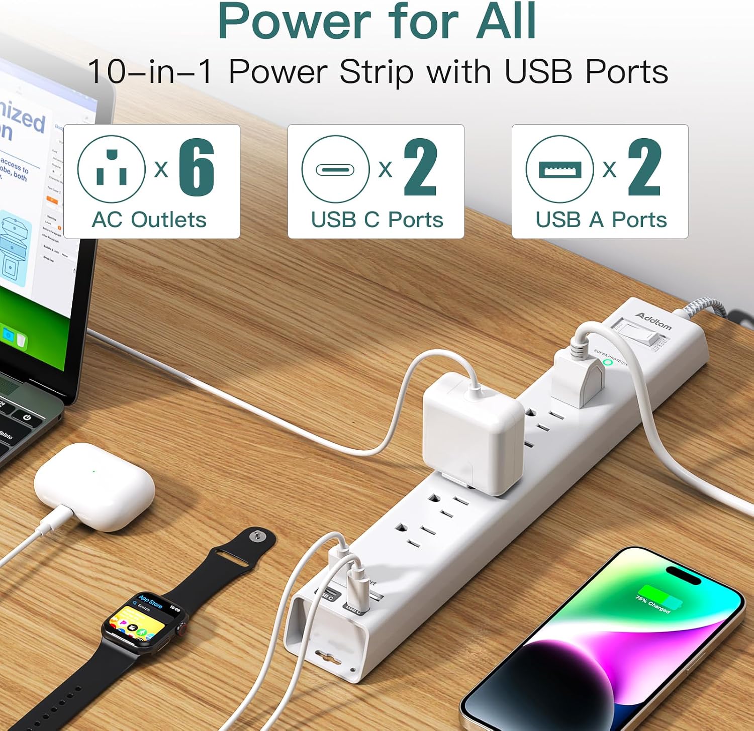 Detalle 2 de Addtam Power Strip 15-Foot Cord