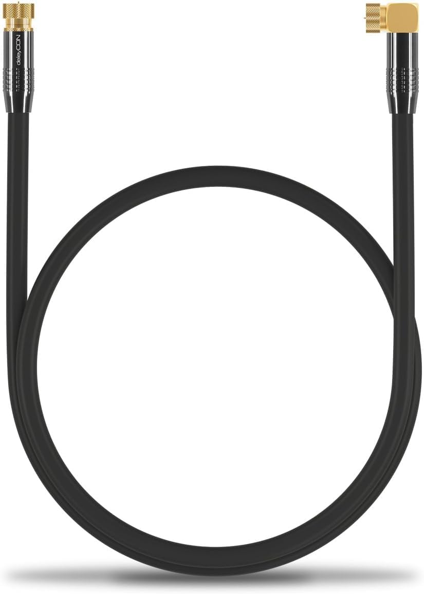 Detalle de DELEYCON 1,5 m SAT Antennenkabel Koaxialkabel F-Stecker 90° gewinkelt zu F-Stecker Gerade – HDTV/Full HD/4K, Schwarz