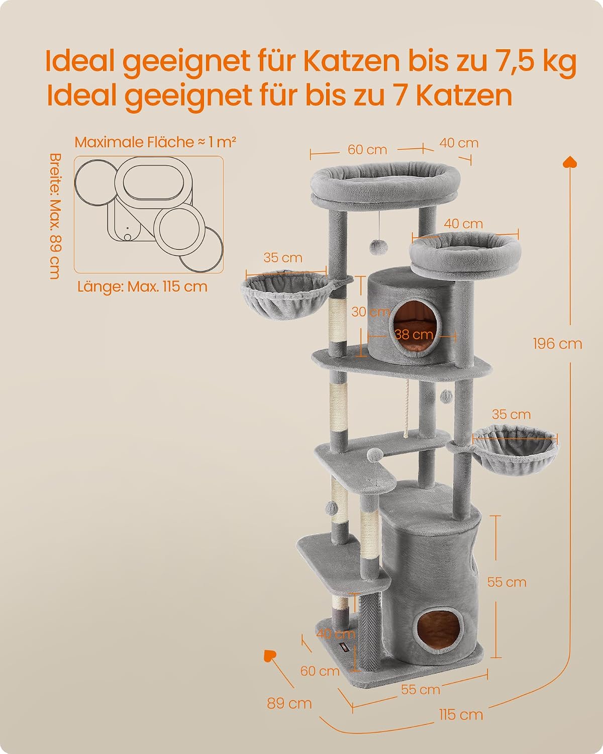 Detalle de Feandrea Kratzbaum groß, XXL – 196 cm hoch, mehrstöckiger Katzenbaum mit 2 Plattformen, Höhlen und Kratzstämmen (hellgrau, PCT153W01)