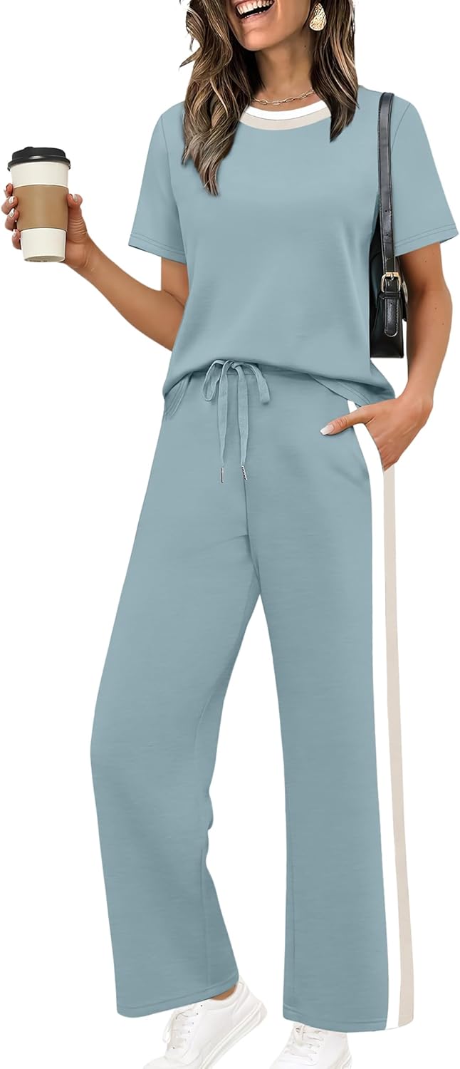 Detalle de WIHOLL 2 Piece Lounge Set for Women — Lightweight Spacer Fabric, Short Sleeve Top & Wide Leg Pants with Pockets